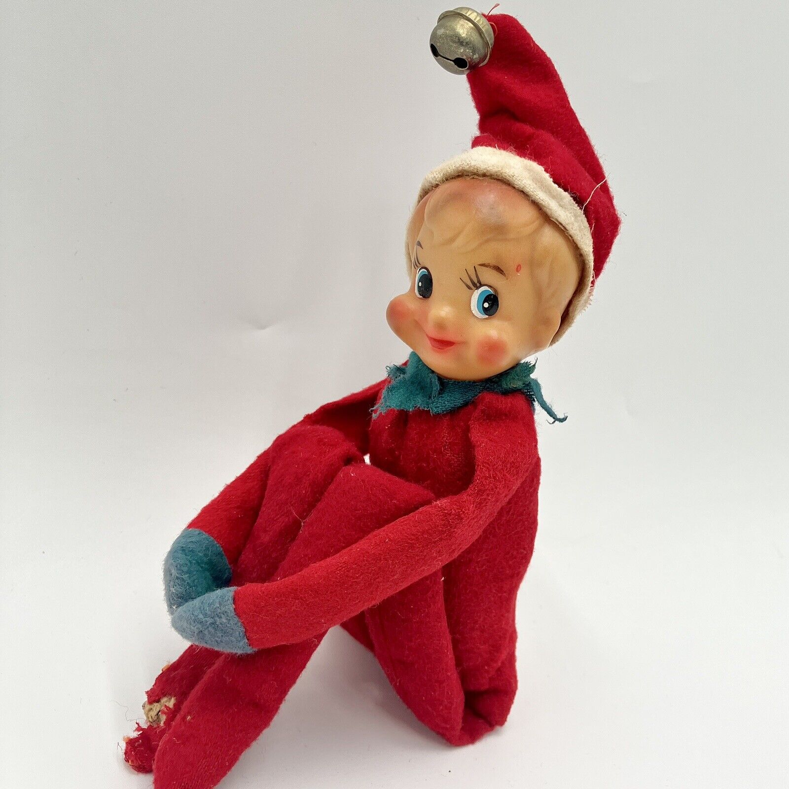 Vtg 50s 60s Christmas Pixie Elf Felt Knee Hugger Blue Eyes Jingle Bell Hat 14”