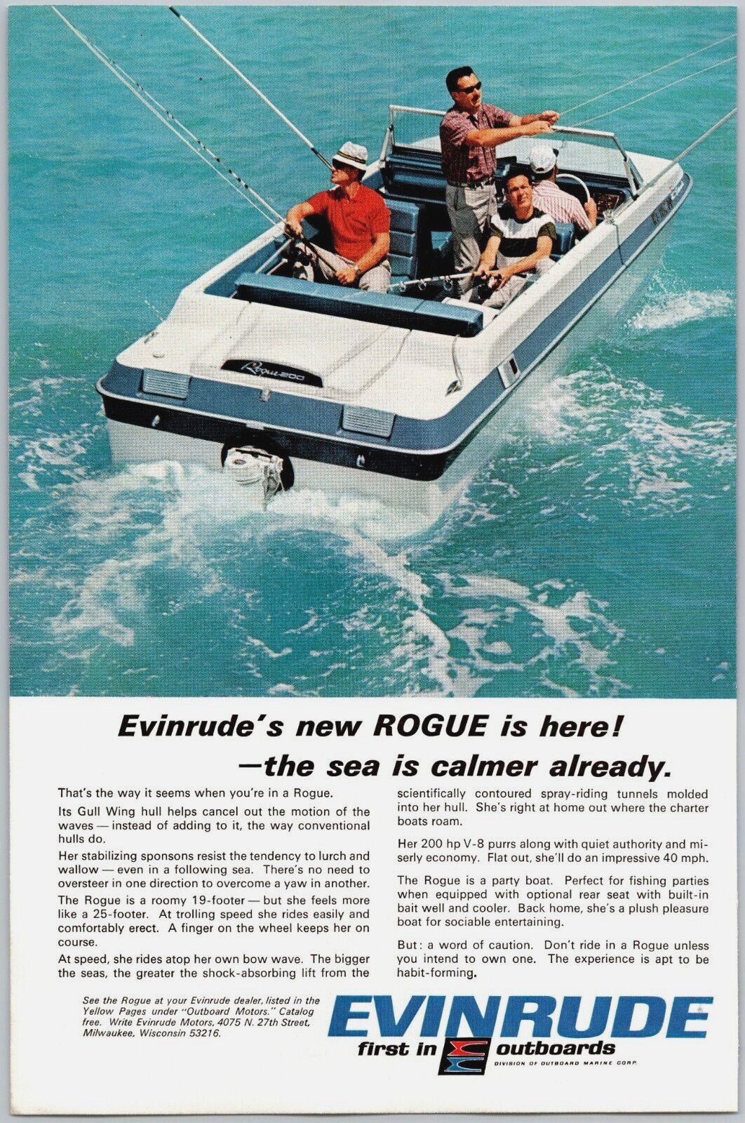 1967 Evinrude Rogue Motor Boat Gull Wing Hull Stabilizing Sponsons Print Ad