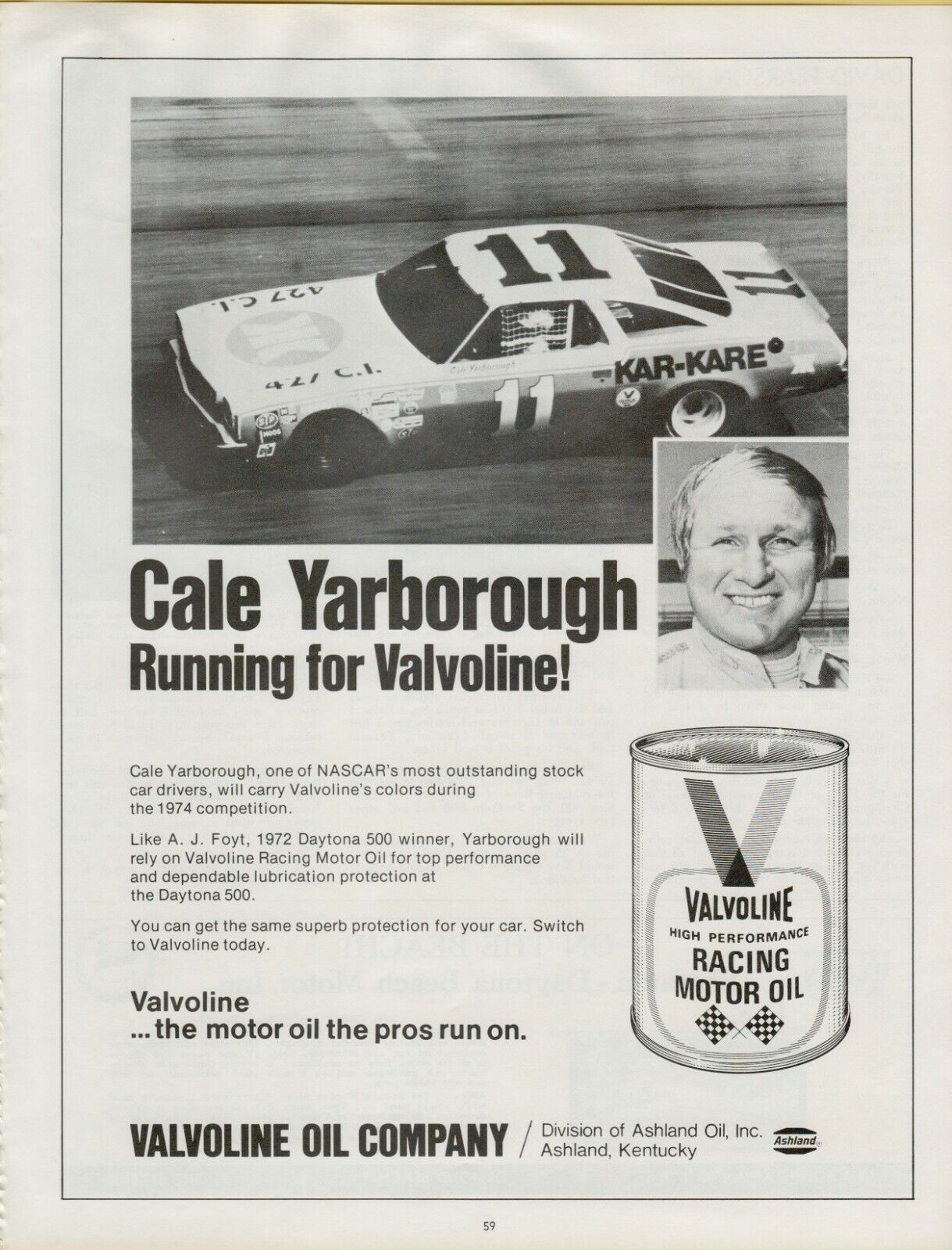 1973 Valvoline Racing Motor Oil Cale Yarborough Daytona 500 Vintage Print Ad 