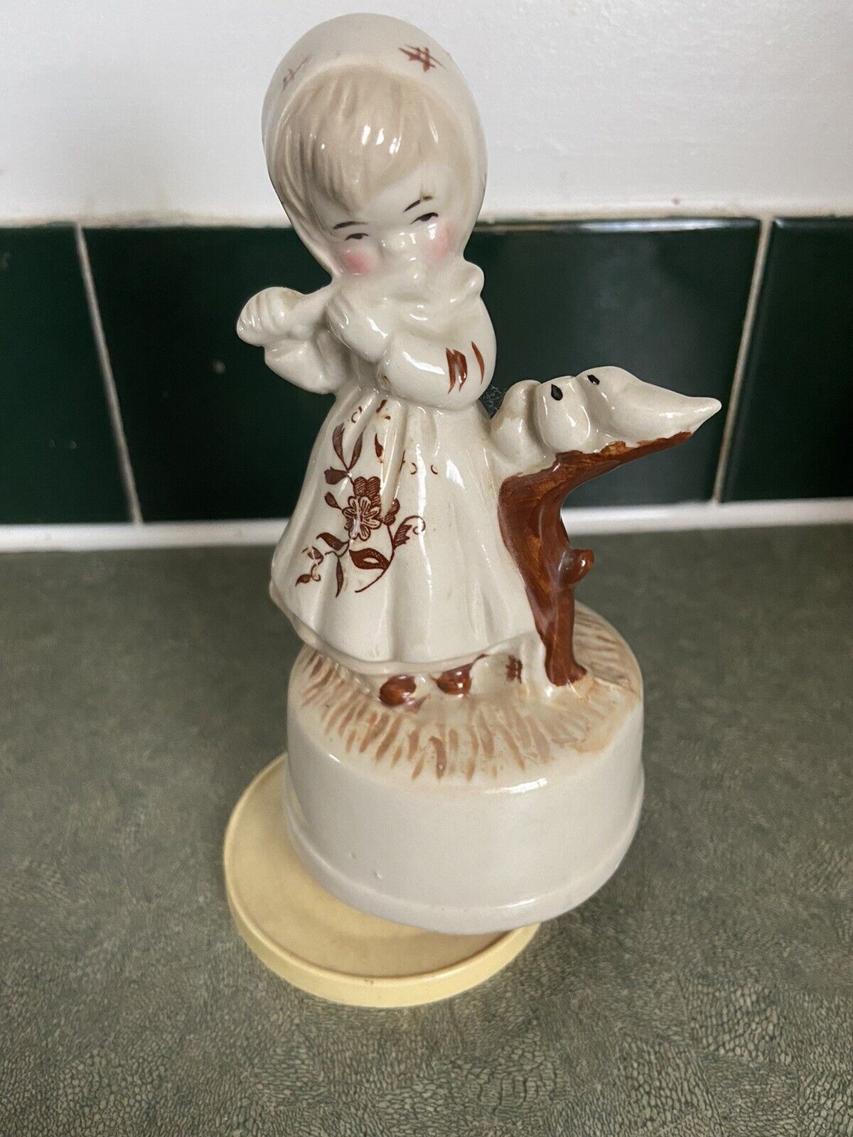 Musical Figurine Girl with Flute Birds Spins Plays Vintage 