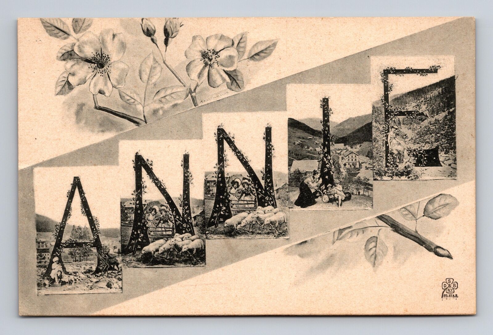 c1906 UDB Postcard Annie Big Letter Name Card Multi-View Farm Scenes B&W
