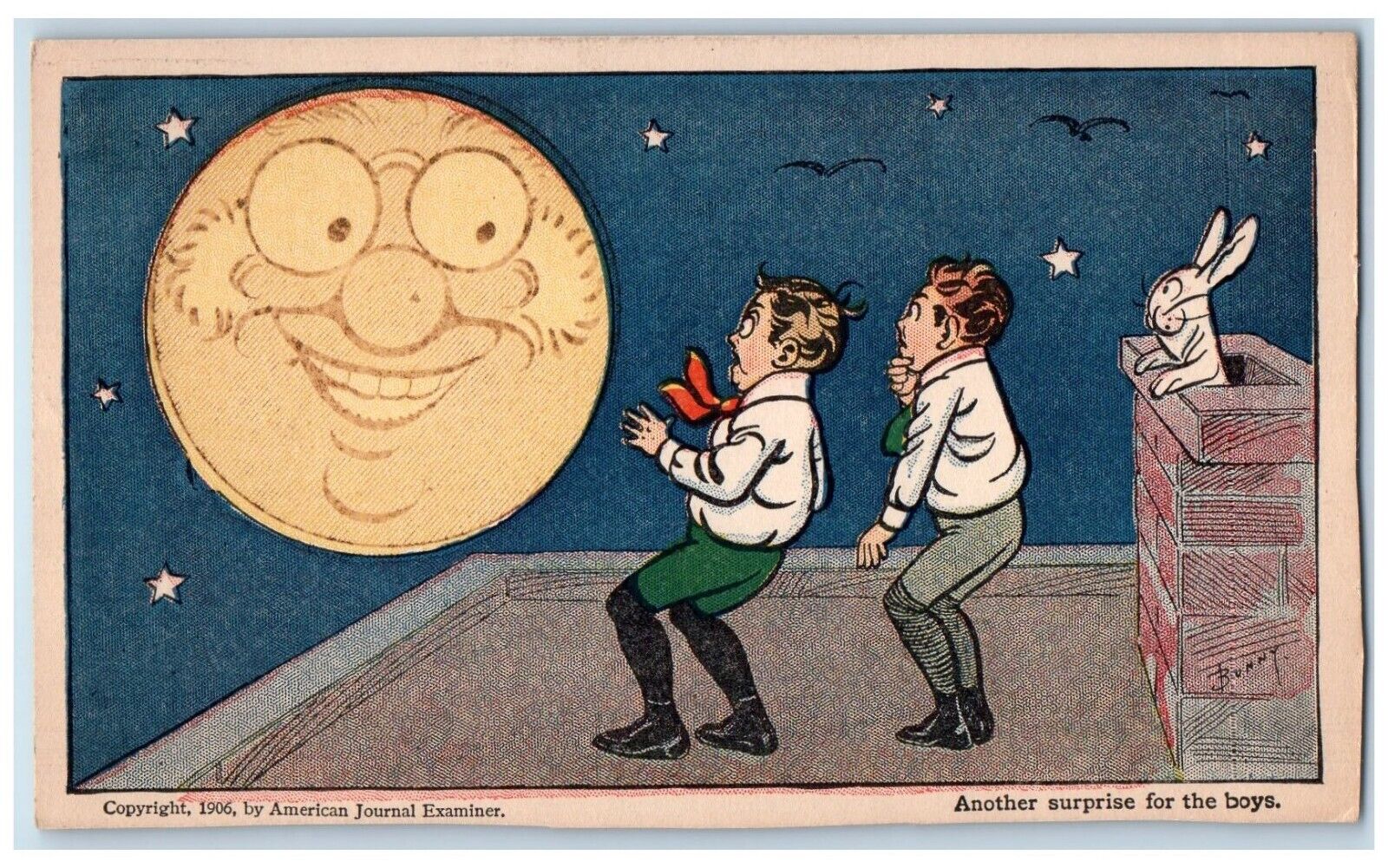 c1905 Boys Surprise Anthropomorphic Moon Heat Up Bunny American Journal Postcard