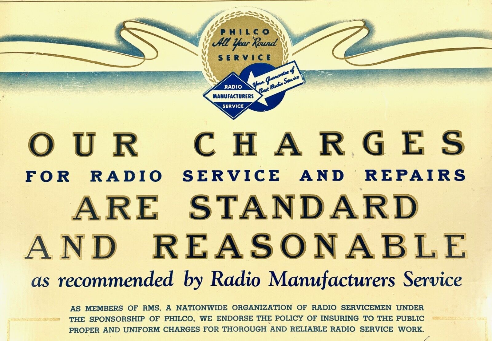 RARE Vintage PHILCO SERVICE RADIO REPAIR RATES, 1940s Original Tin Sign VGC NICE