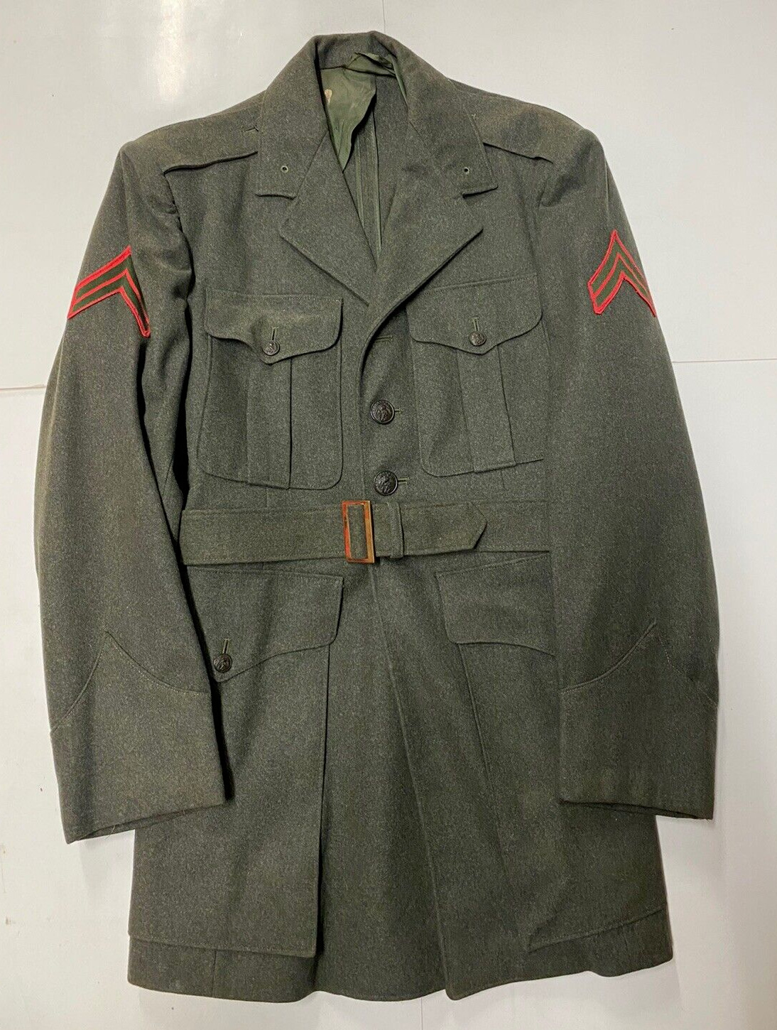 Vintage Wool Army Jacket Mens Small USMC Patched WWII Dress Uniform Belted