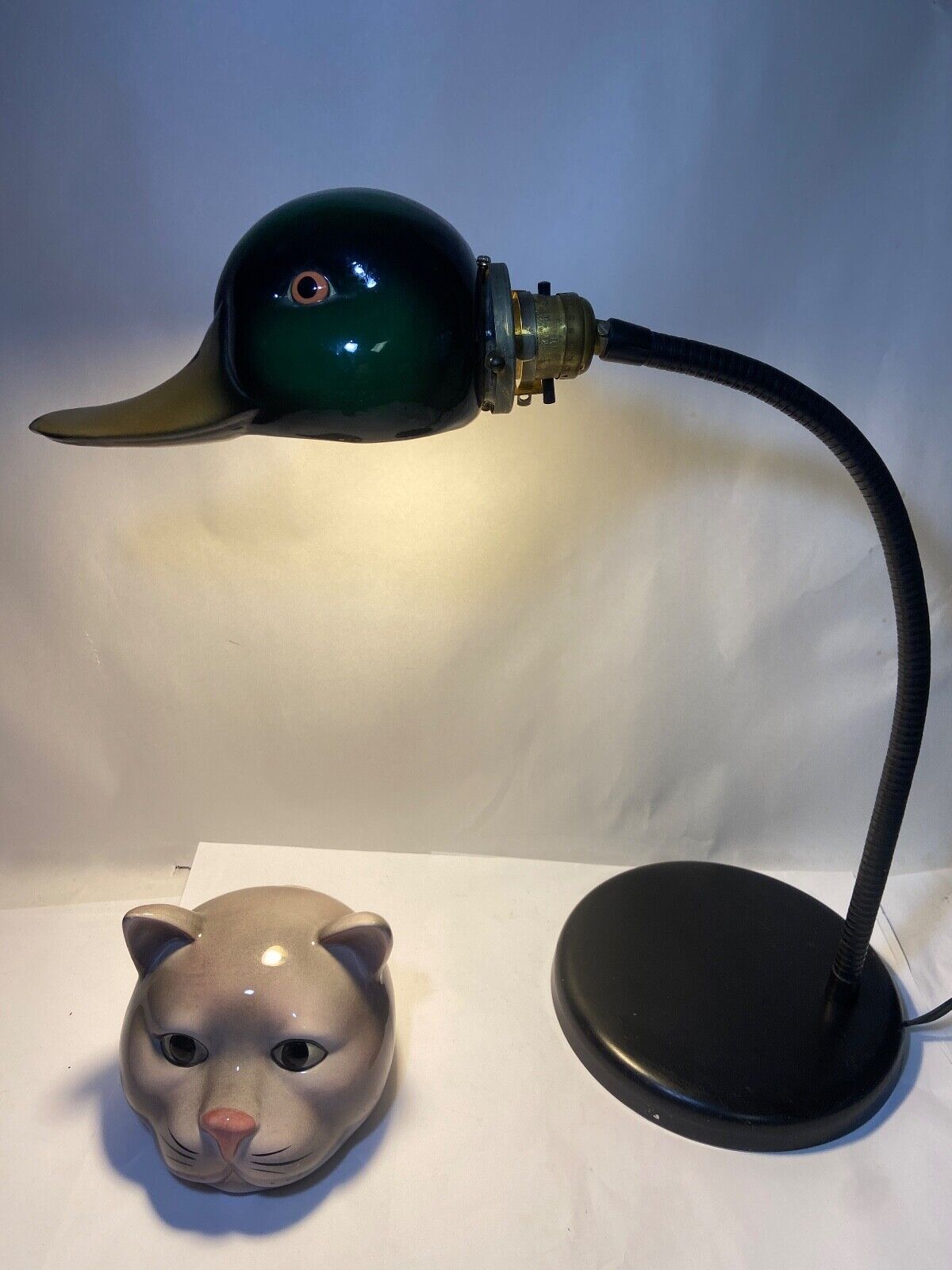 Vintage George Kovacs Ceramic Duck Head Shade Metal Desk Reading Lamp + Cat Head