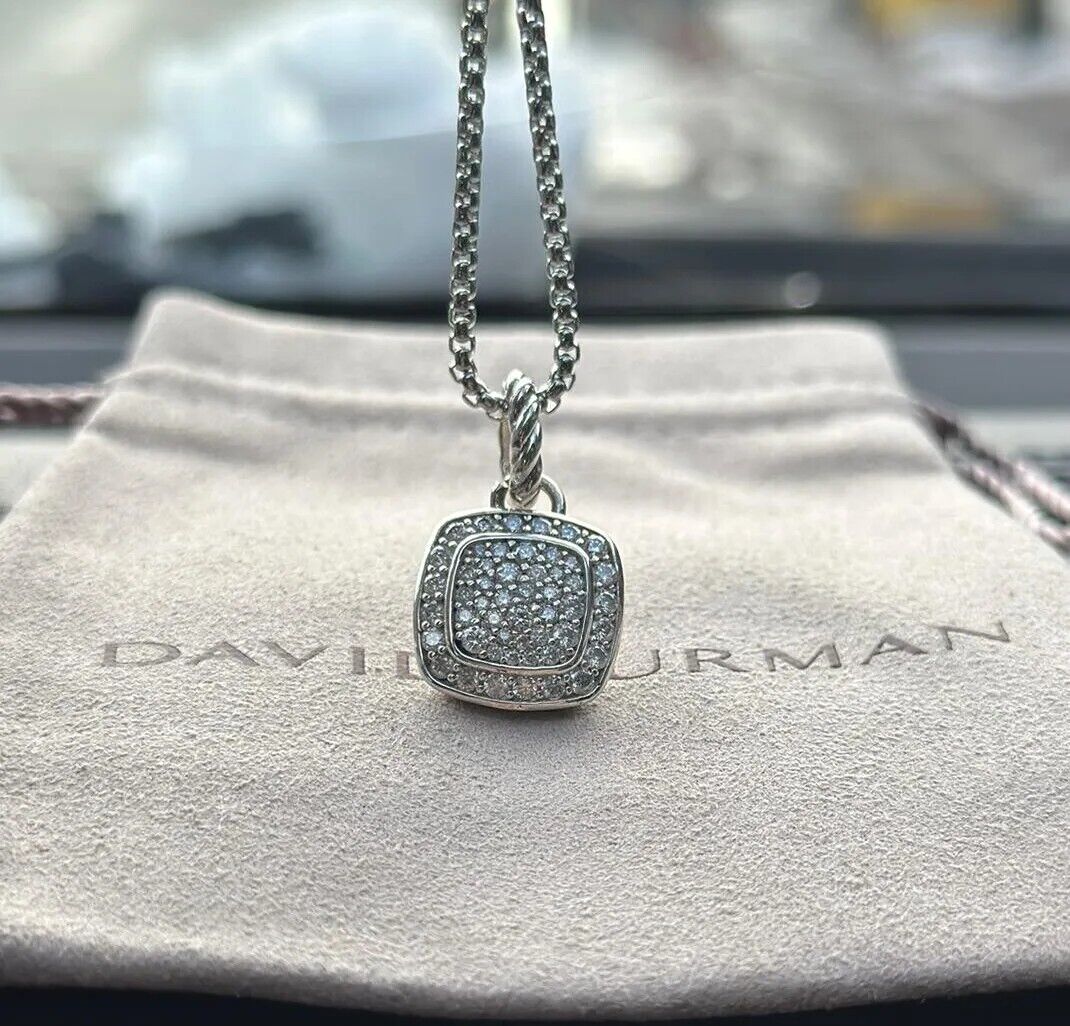 David Yurman Sterling Silver 14mm Pave Diamond Albion Pendant & Necklace 