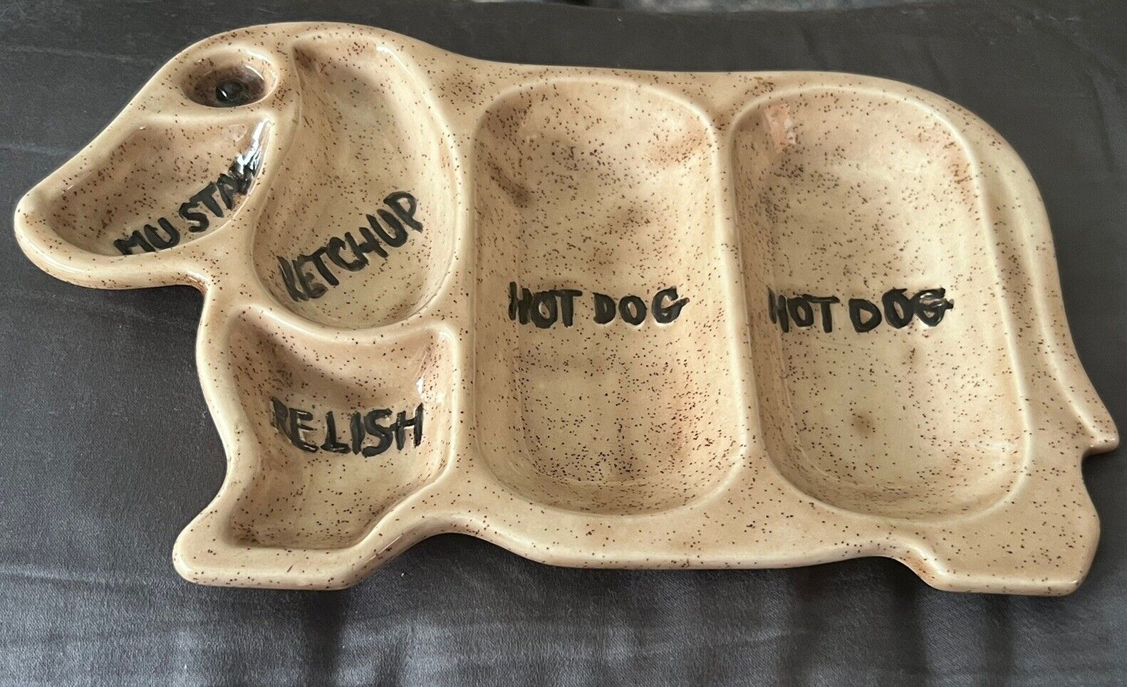 Vintage Glazed Ceramic Dachshund Hot Dog Plate W/Condiment Compartments