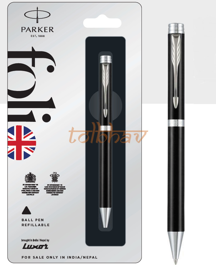 Parker Folio Standard Stainless Steel Ball Point Pen Chrome/Gold Trim Blue Ink