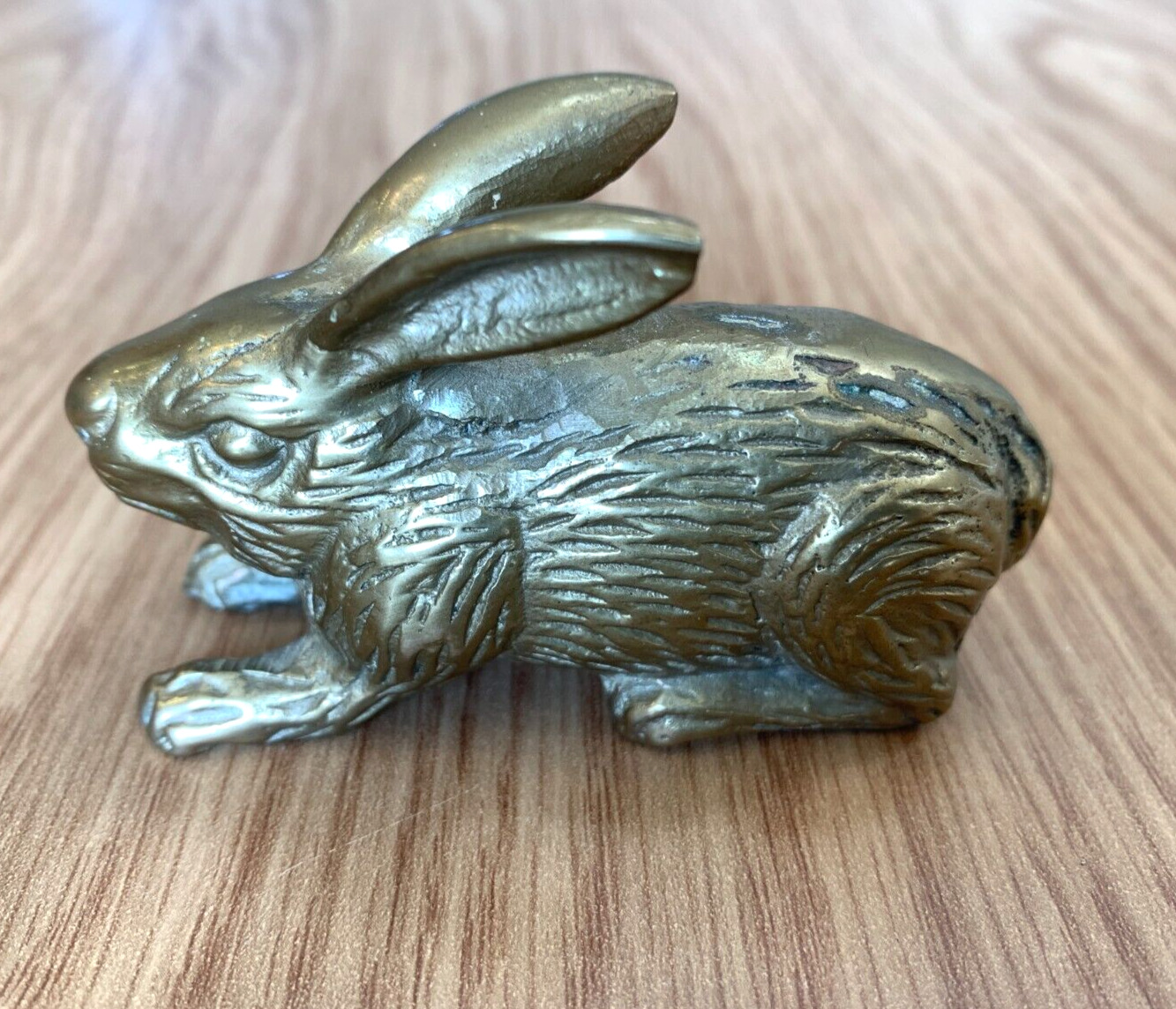 Vintage Solid Brass Bunny Rabbit 3” Figurine Paperweight 6 oz. PATINA & Sticker