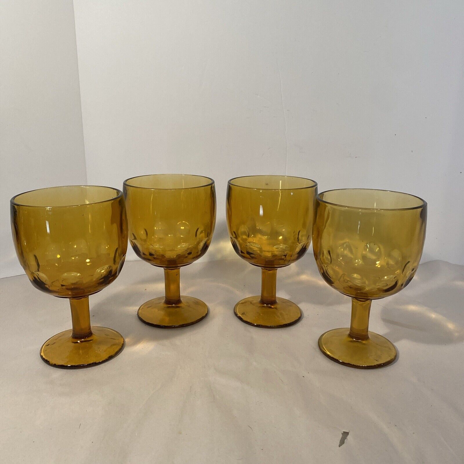 Set of 4 Vintage Bartlett Collins Amber Glass Beer Goblets Thumbprint Stemmed