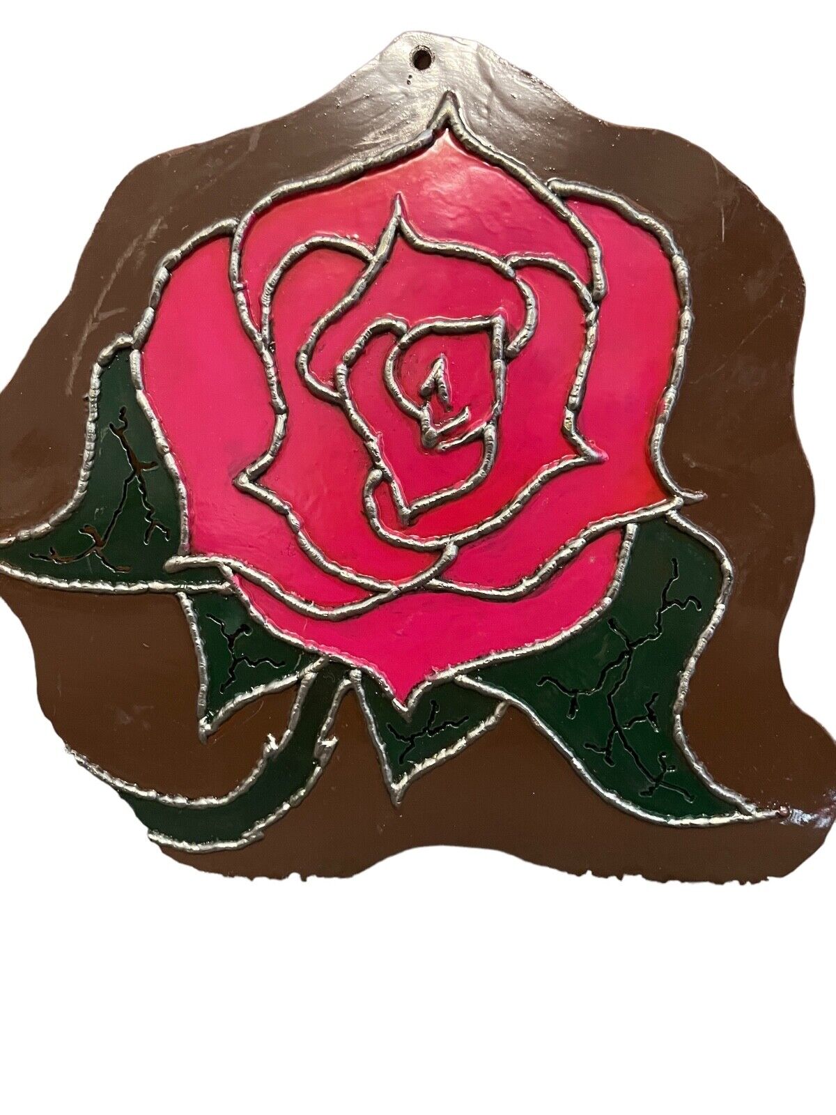 Vintage Hand Forged Red Rose And Hand Painted On Metal Wall Art