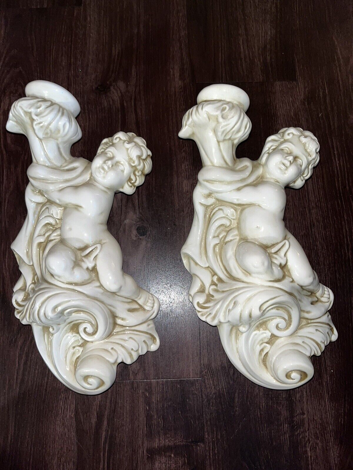 Set Of 2 White Vintage 1960s Cherub Wall Candle Holders / baby Angels