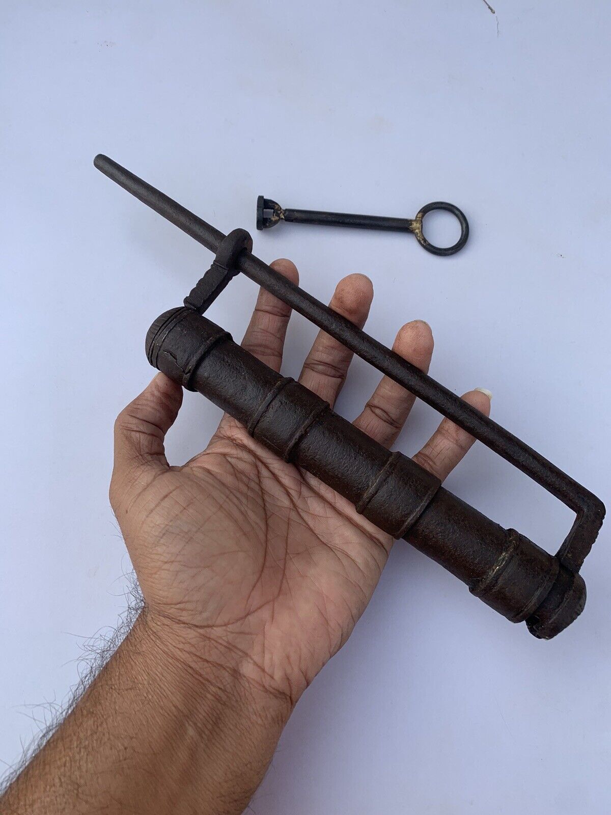 18th C Iron padlock or lock with SCREW TYPE key, rarest shape and sized.