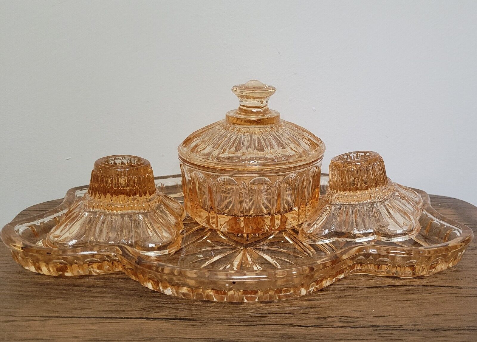 Stunning Vintage Depression 1950s Pink/Peach  Four Piece Glass Table Vanity Set