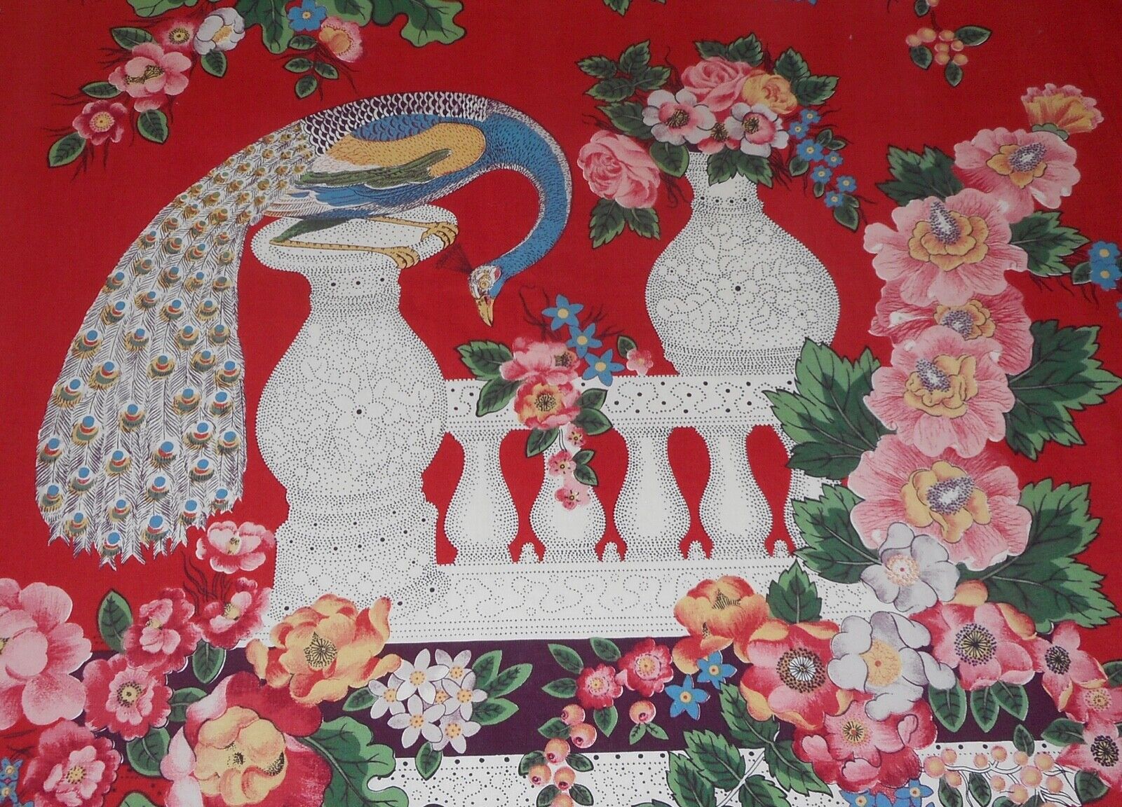 Best Vintage Italian Lorenzo Rubelli Peacock Urn Cotton Fabric ~Red Blue Pink