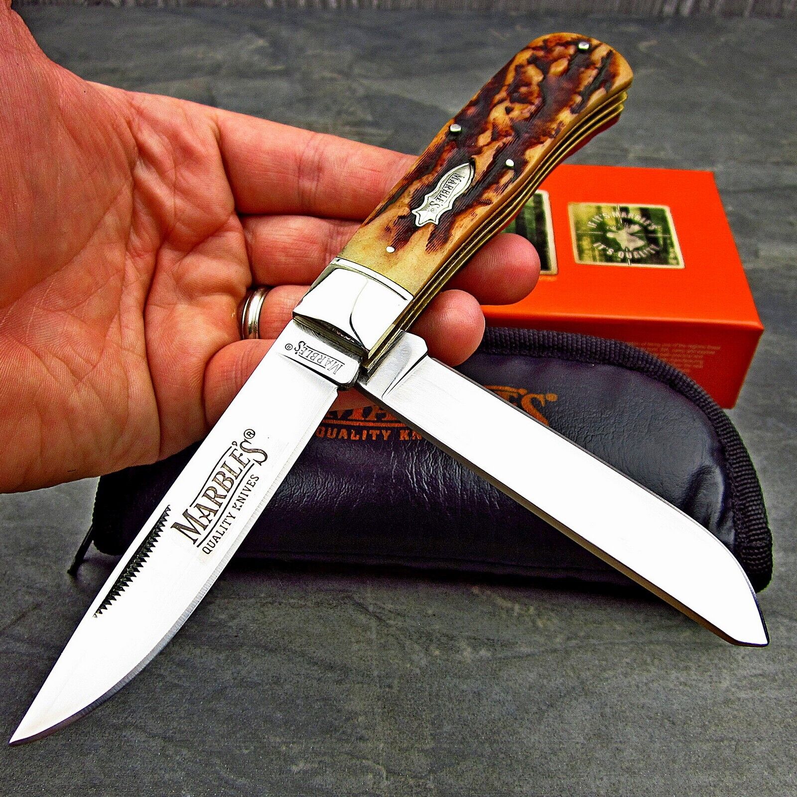 Marble's Genuine Bone Handles Large Jumbo 2 Blade Trapper Folding Pocket Knife
