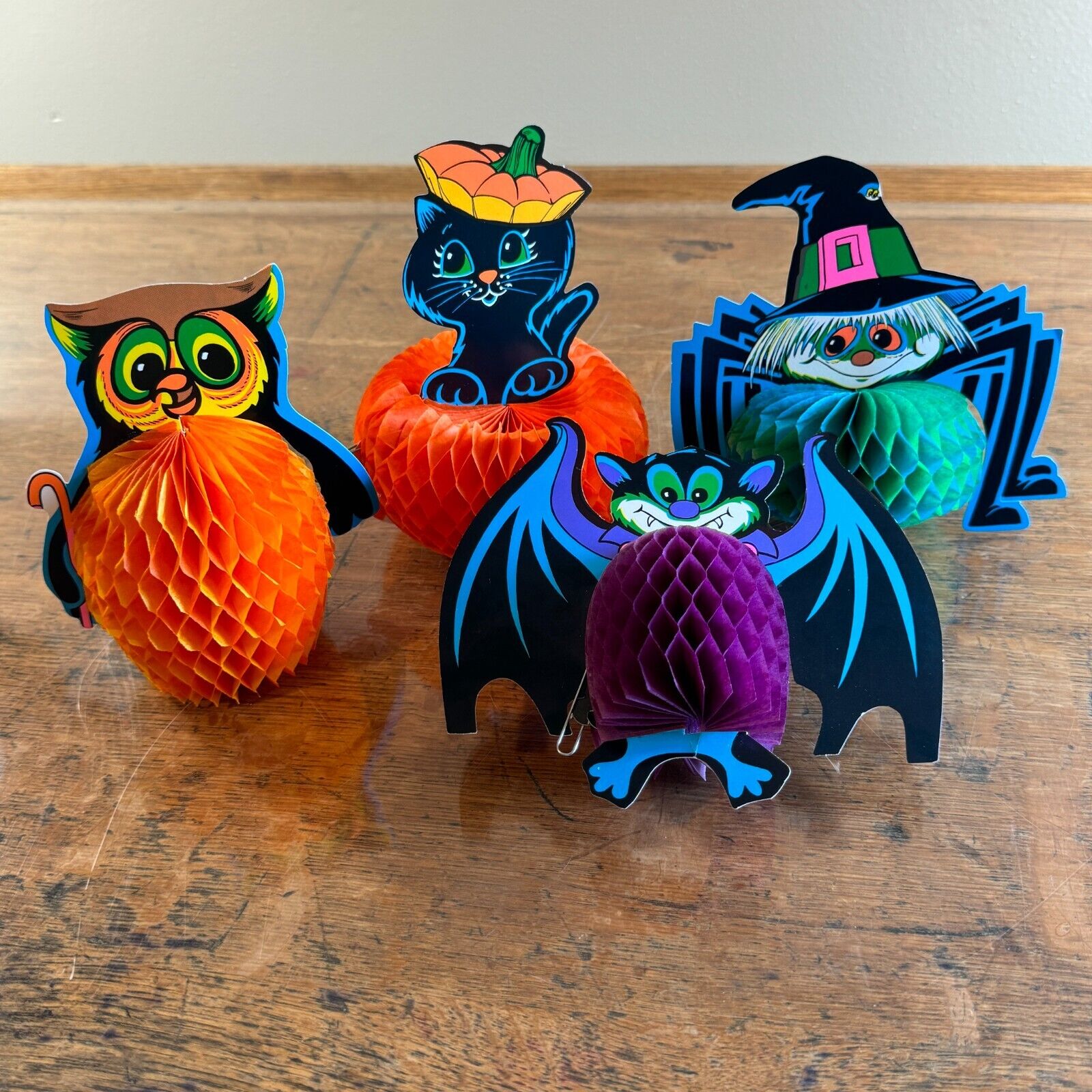 4 Vintage Beistle Halloween Owl Bat Cat Spider Die Cut Punch Out Decorations