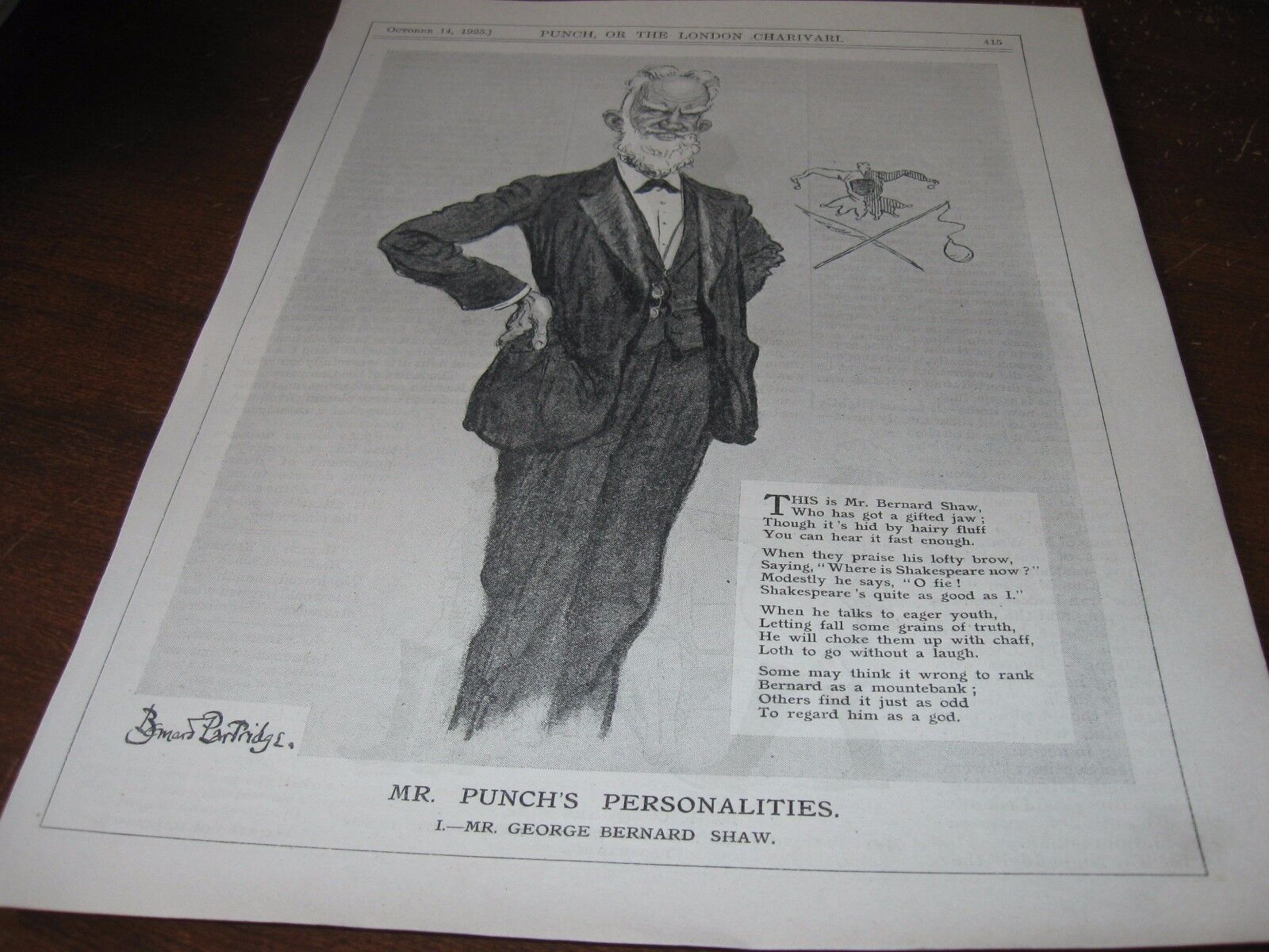 1925 Original POLITICAL CARTOON - Personality PORTRAIT of GEORGE BERNARD SHAW
