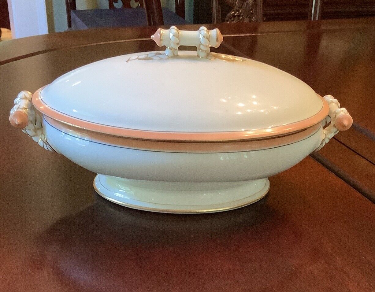 Antique Haviland Limoges China Covered Dish Pink Salmon Line Pattern Oval Chiped