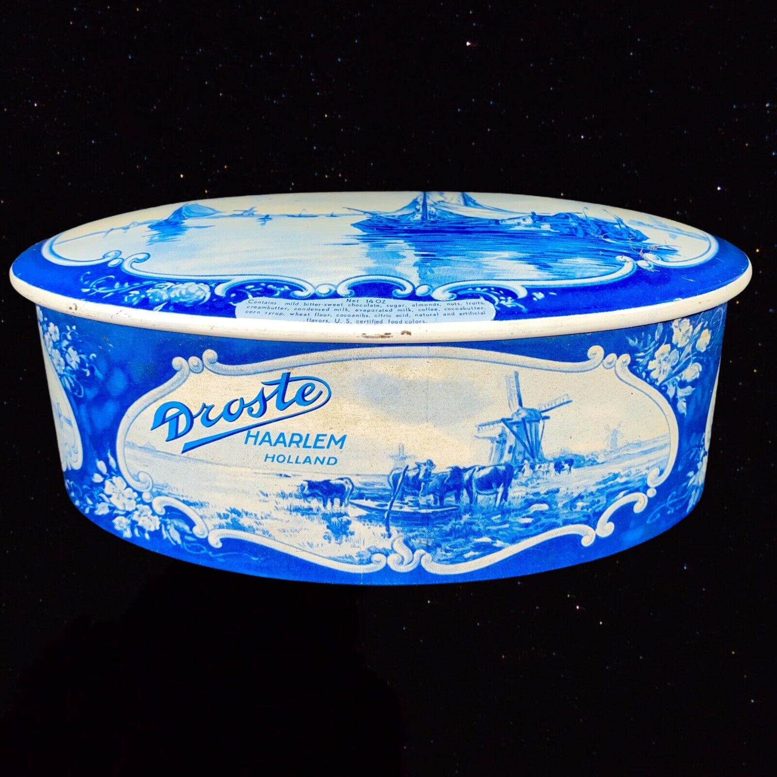 Oval vintage tin chocolate tin in Delft blue for DROSTE 1970 Haarlem Holland 7”L