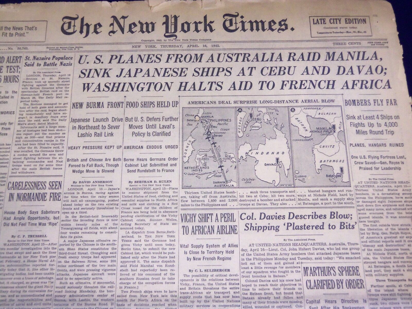 1942 APRIL 16 NEW YORK TIMES - U. S. PLANES FROM AUSTRALIA RAID MANILA - NT 1217