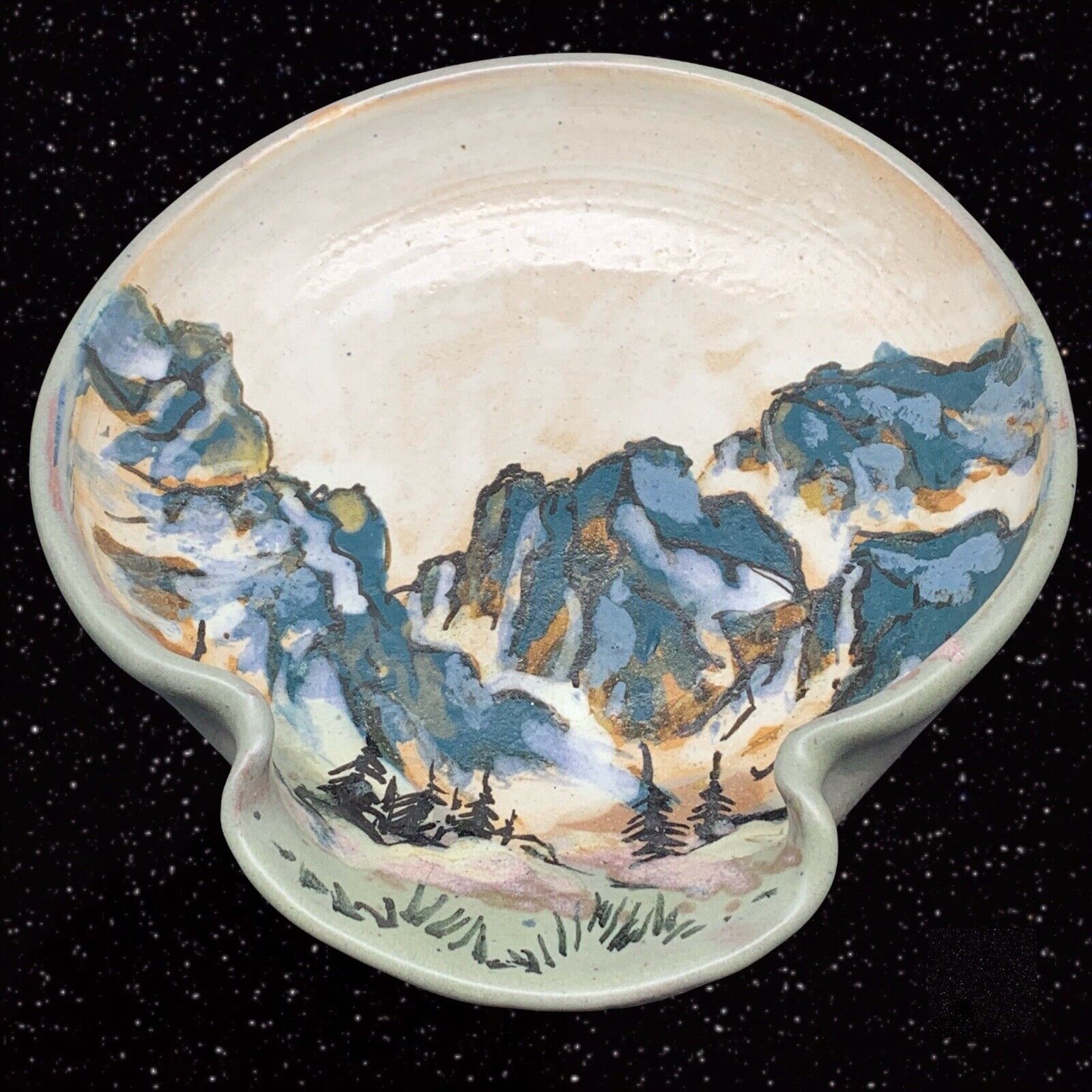 Vintage Studio Art Pottery Scenery Mountains Tree Dish Bowl Signed 1.75”T 7.5”W