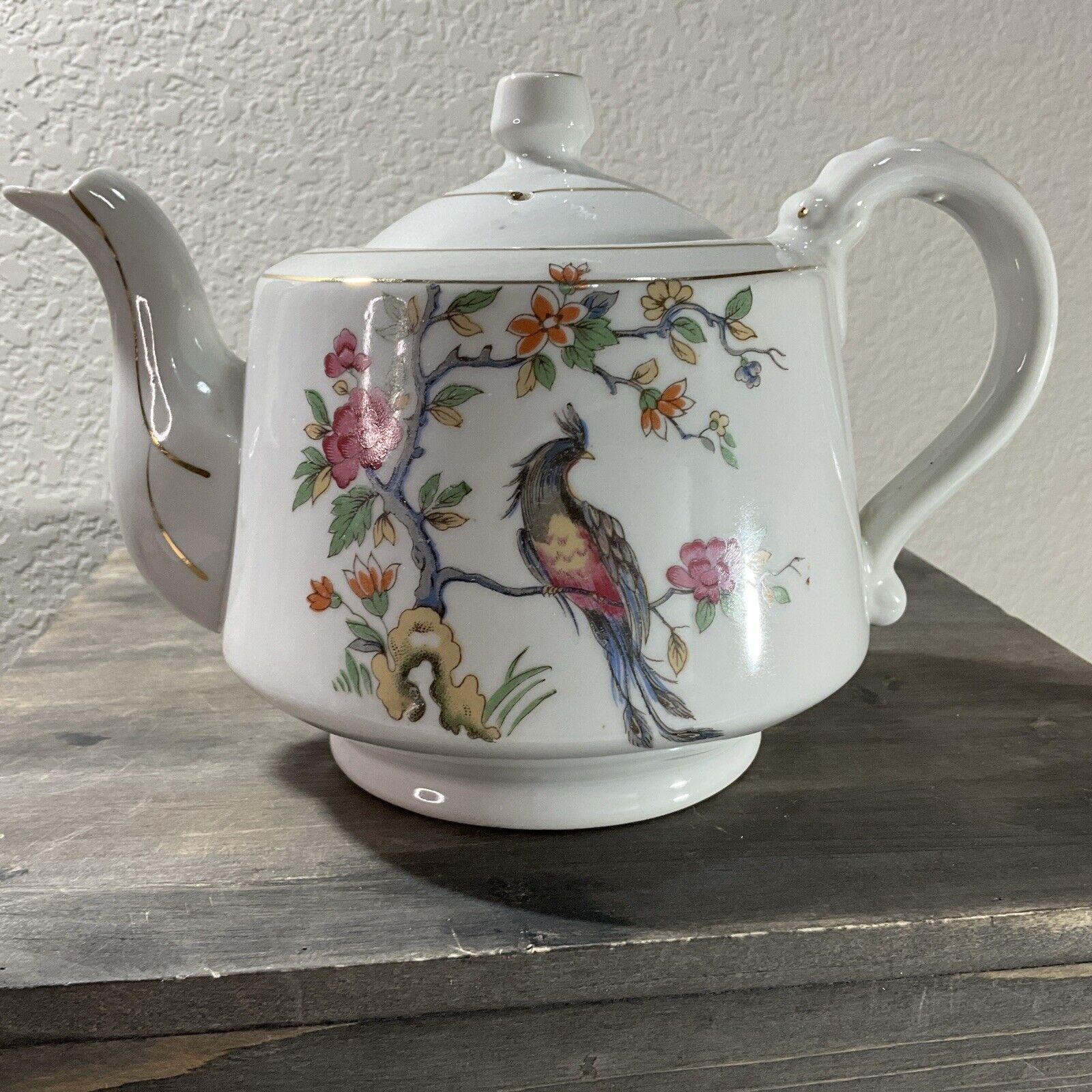 Vintage Teapot Bird & Flowers Gold Trim Porcelain
