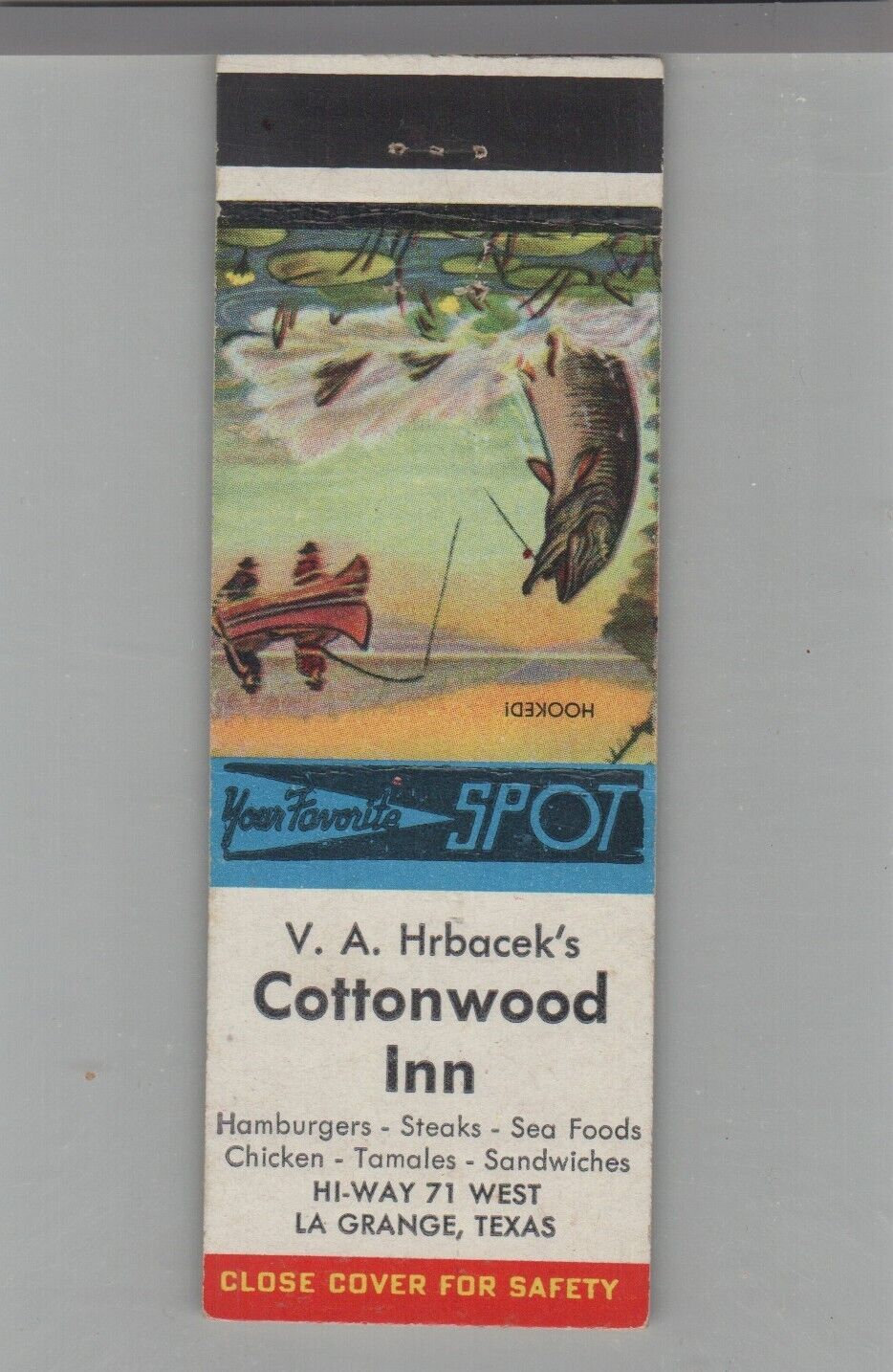 Matchbook Cover V.A. Hrbacek's Cottonwood Inn LaGrange, TX