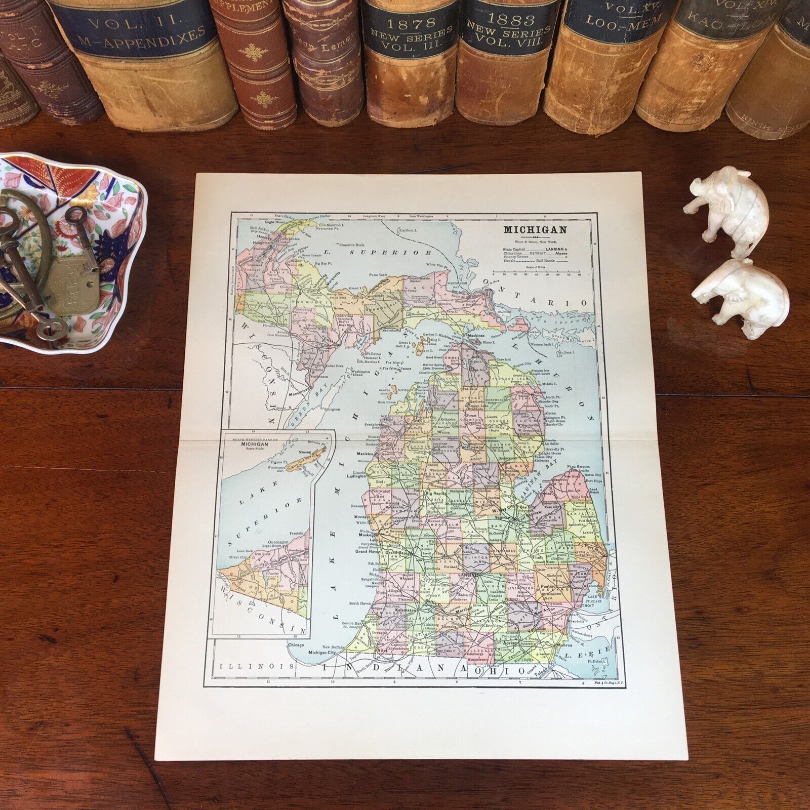 Original 1890 Antique Map MICHIGAN Warren Lansing Grand Rapids Livonia Kalamazoo