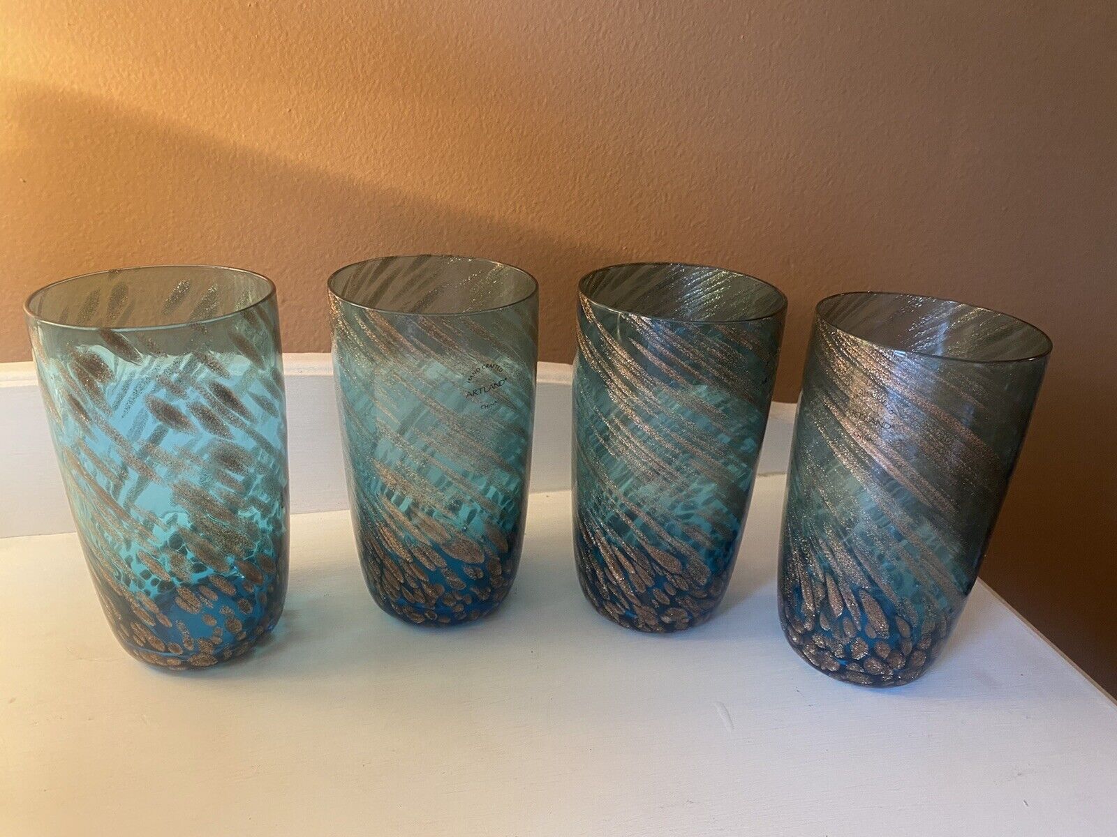 4 Stunning Vintage Artland Blue Shimmer Swirl Glass Tumblers. Hand Crafted