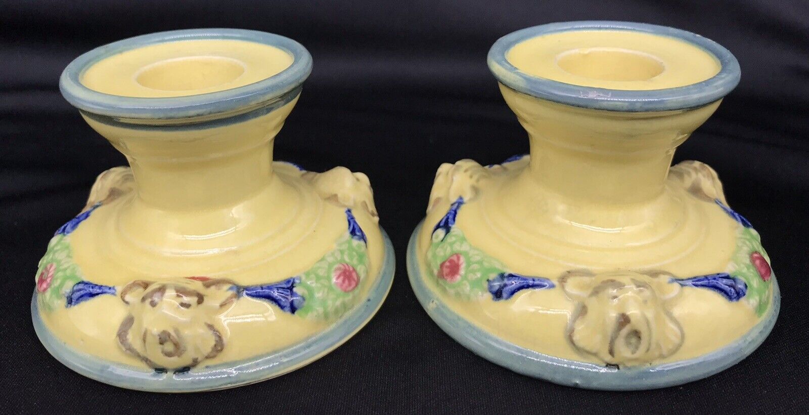 Vintage Pair of MCM Pottery Candle Holders Bear Faces ? Floral