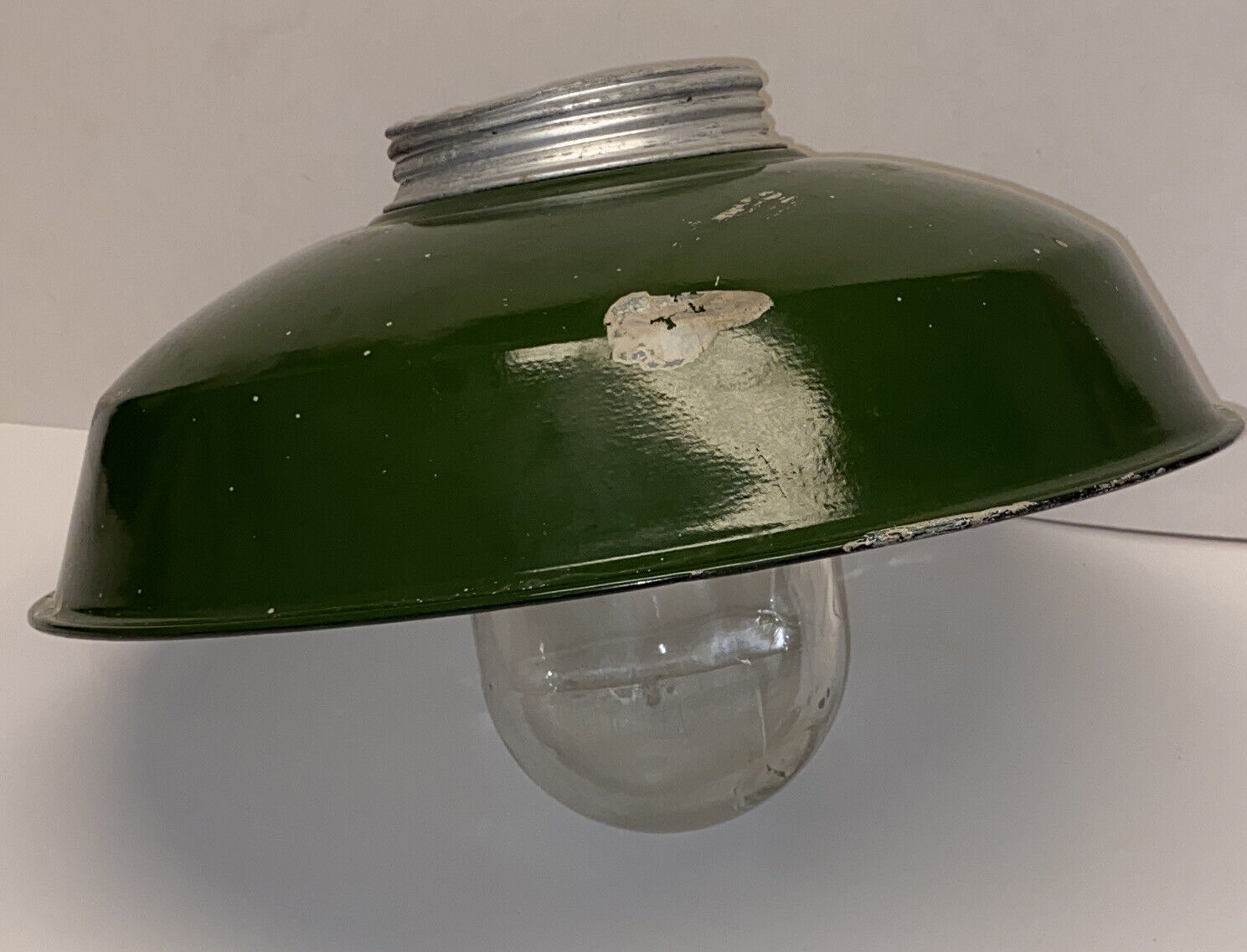 Vintage Green Porcelain Enamel Barn Light Fixture Glass Dome Gas Station 14”