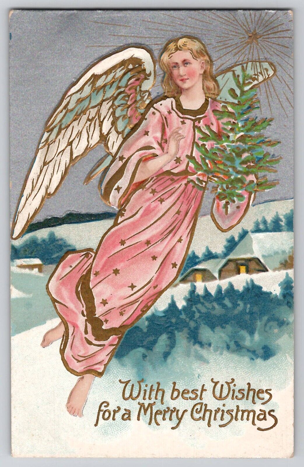 Christmas Angels in Pink Tree Gold Gilt Embossed Antique Postcard c1910's