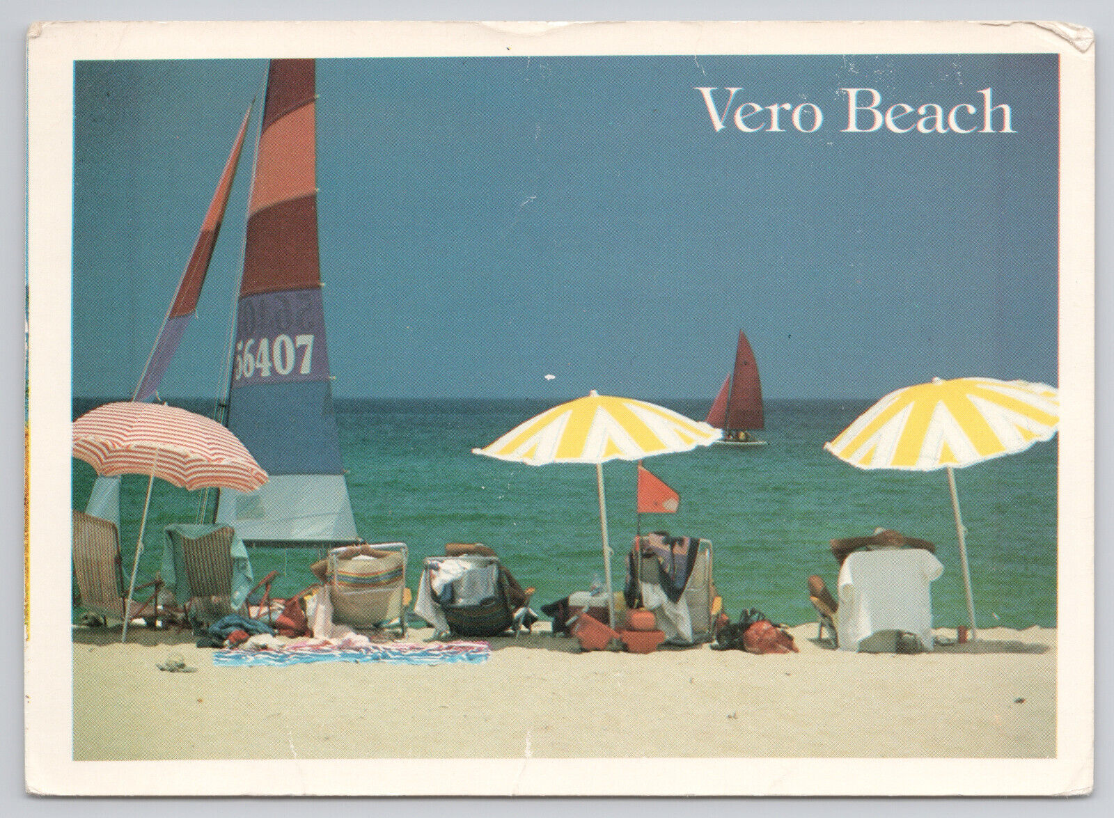 Postcard Vero Beach Florida Beach Umbrellas Sail Boats Sun Bathing
