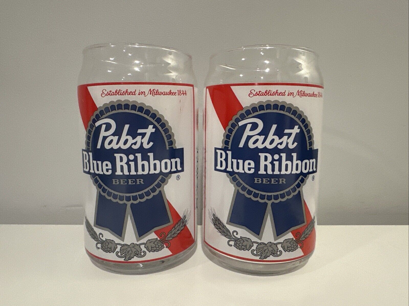 Set Of 2 Two Pabst Blue Ribbon Beer Glasses Can Shape Pint Glasses