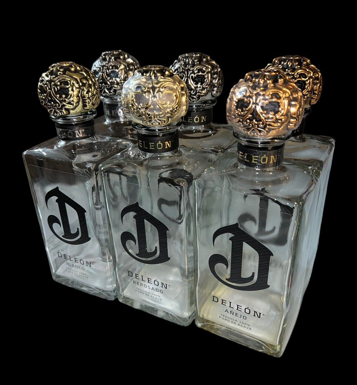 Lot (6x) DELEON Tequila Bottle Decanters 750 ml Skull Caps Anejo Reposado Blanco
