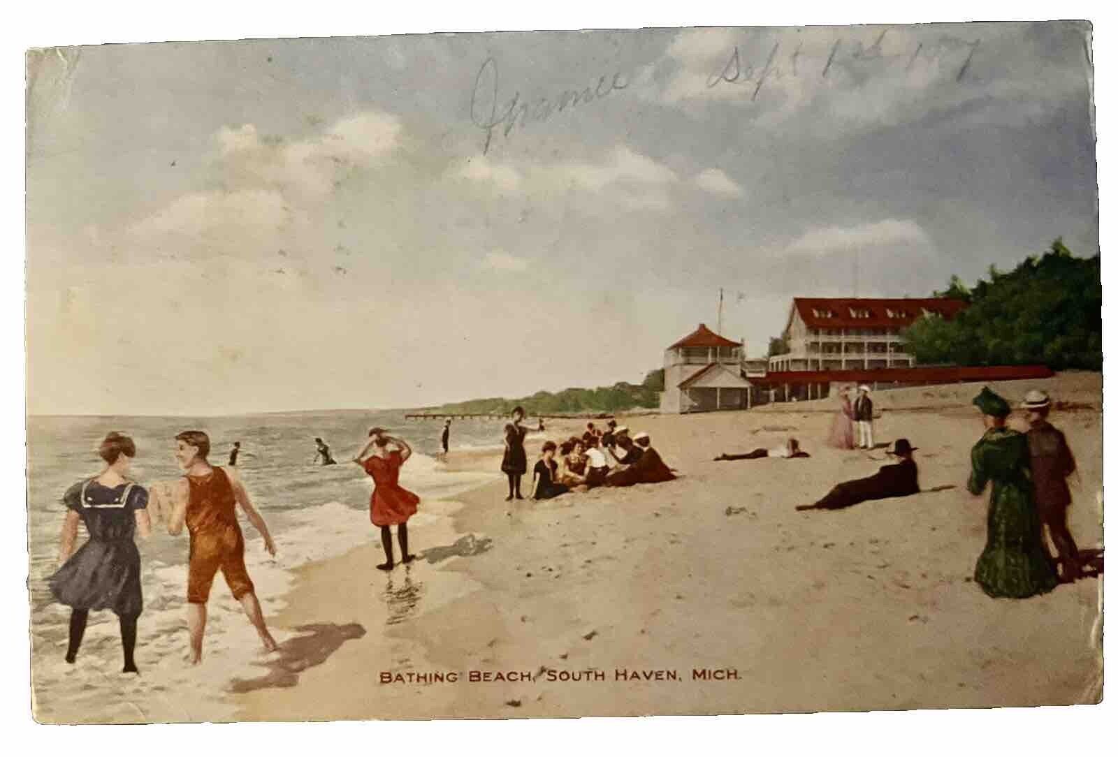 Bathing Beach South Haven Michigan Old Vintage 1907 Post Card.