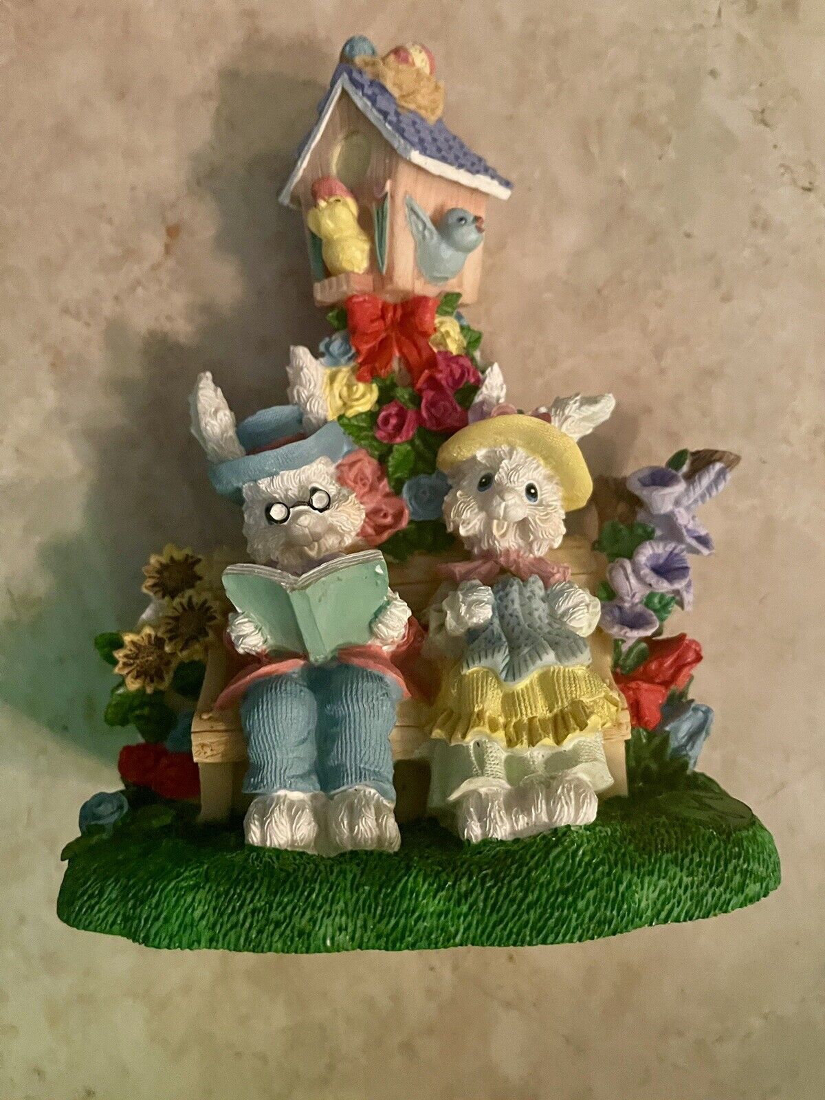 Vintage Resin Easter Jubilee Figurine Bunny Parents Birdhouse Bench Spring 