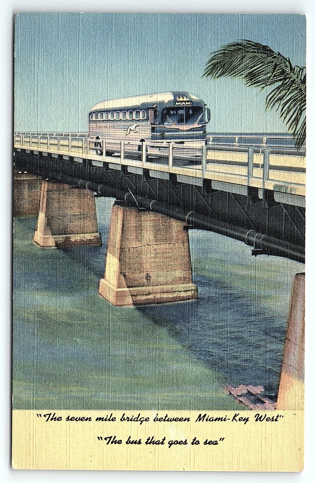 1949 MIAMI KEY WEST FL GREYHOUND BUS LINES CROSSING BRIDGE LINEN POSTCARD P2672