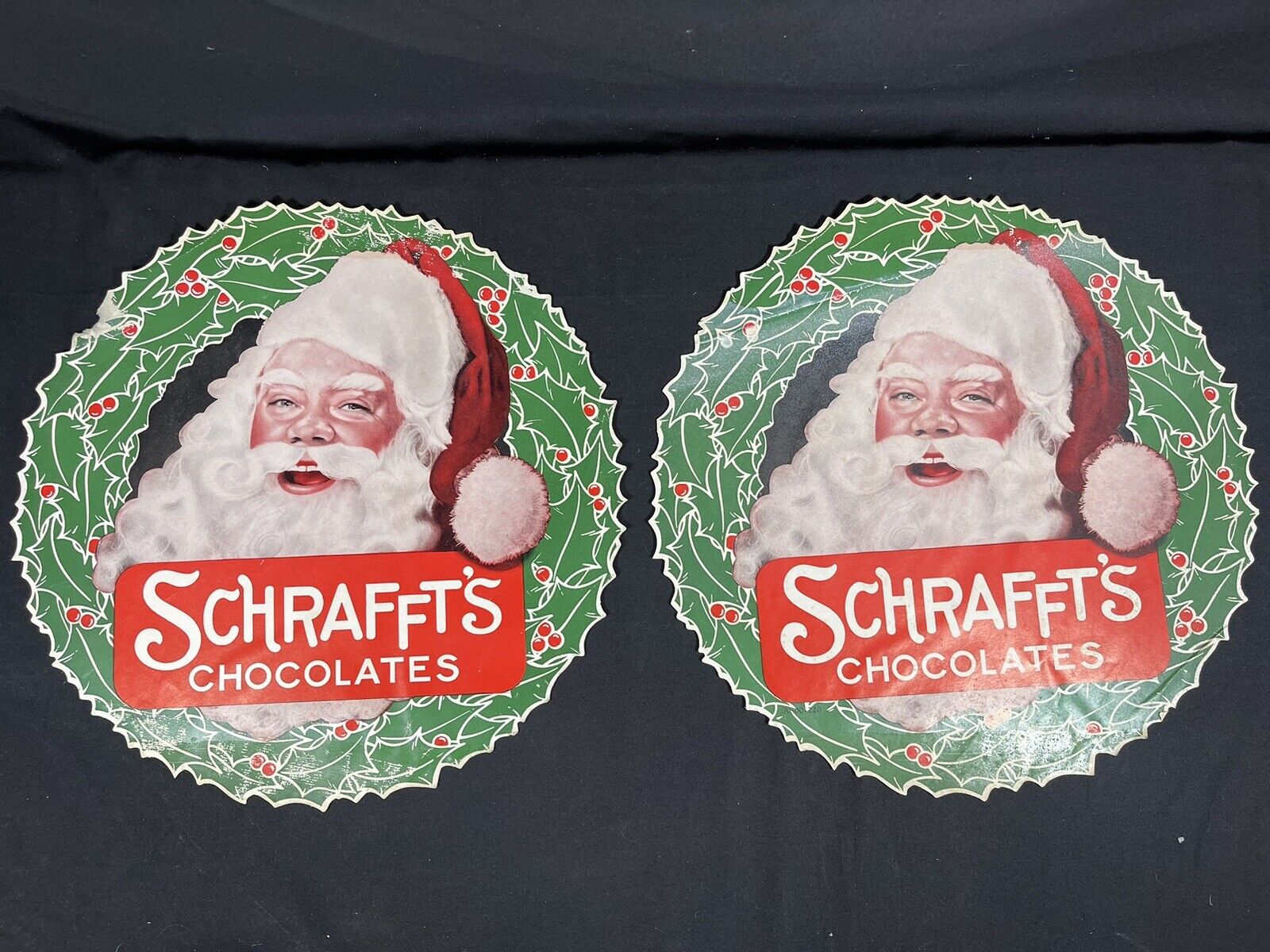 Vintage Schrafft’s Chocolate Christmas Santa Paper Store Window Display Sign