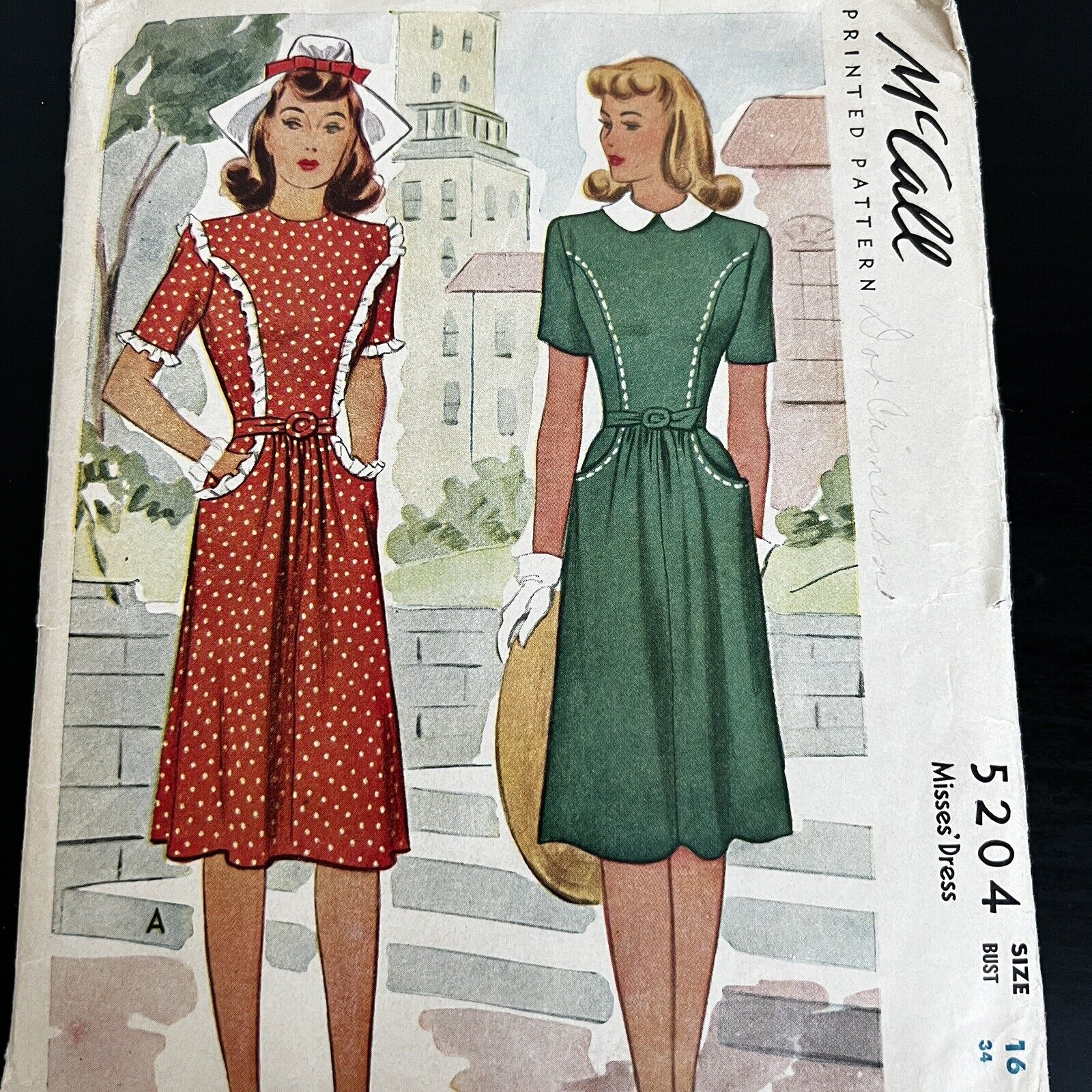 Vintage 1940s McCalls 5204 Front Seam Dress Pockets Collar Sewing Pattern 16 CUT