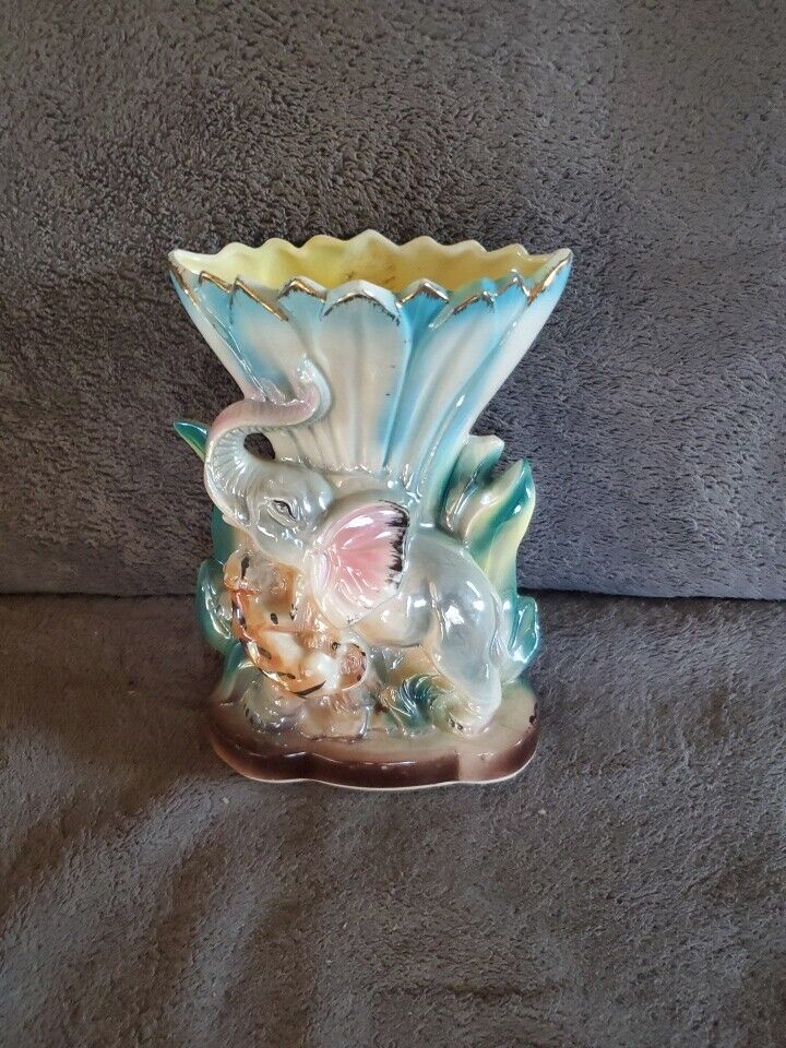 Lusterware vase Elephant & Tiger vintage kitchy japan animal jungle decor GUC