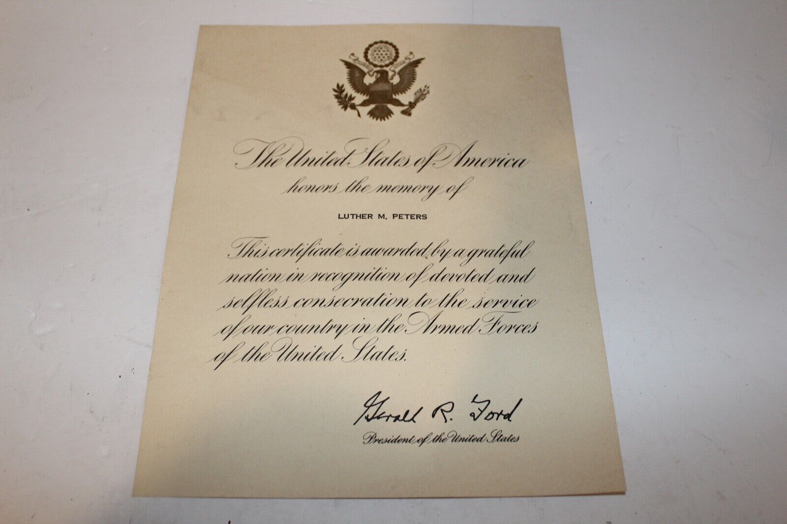 President Gerald R. Ford Signed Correspondence Honors Memory Armed Forces 