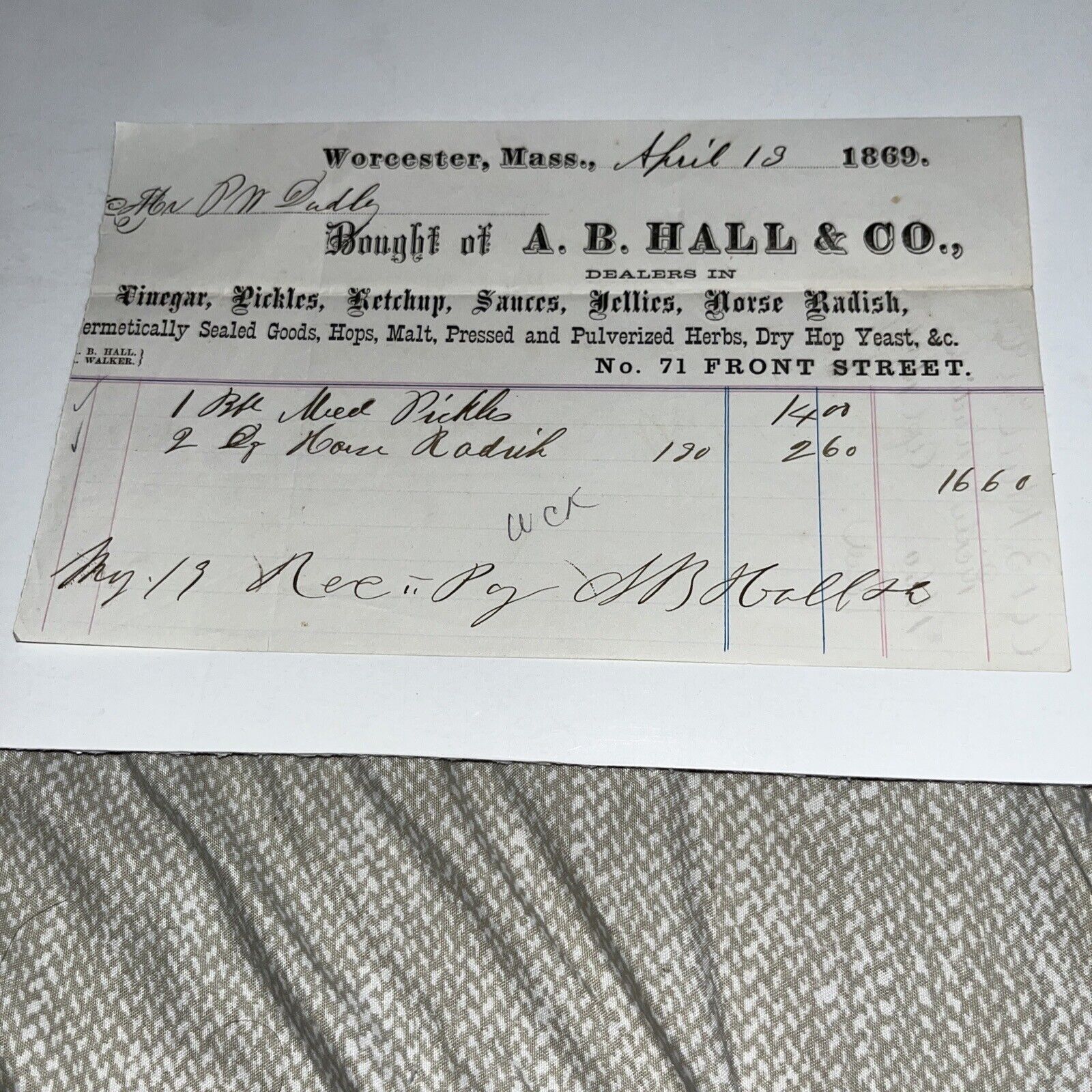 1869 Antique Letterhead Invoice: Worcester MA - AB Hall Co Ketchup Horseradish