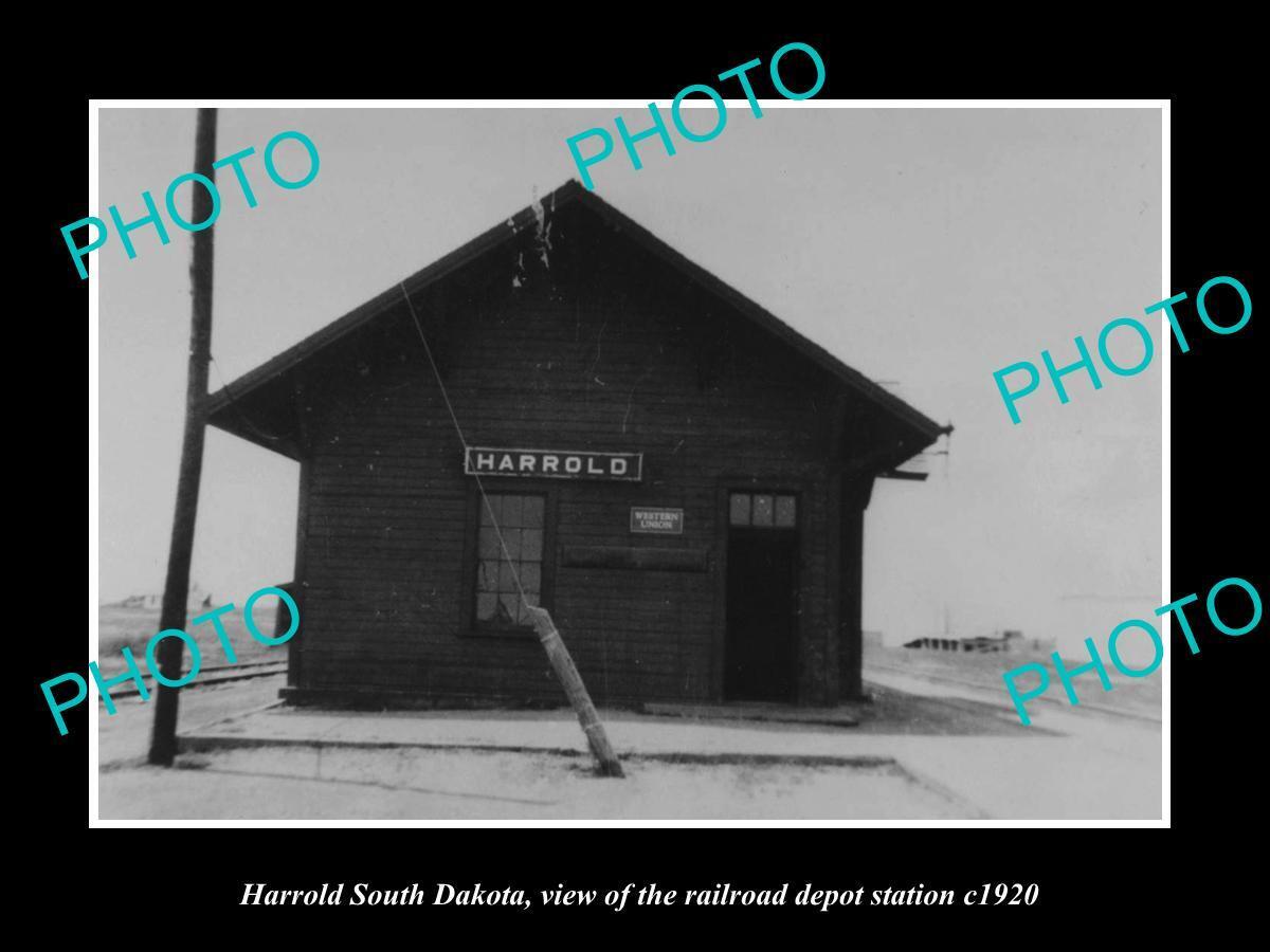 OLD LARGE HISTORIC PHOTO OF HARROLD SOUTH DAKOTA RAILROAD DEPOT STATION c1920