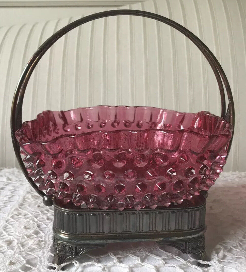 Square Meriden Silverplate Bride's Basket w/ Cranberry Hobnail Bowl Antique