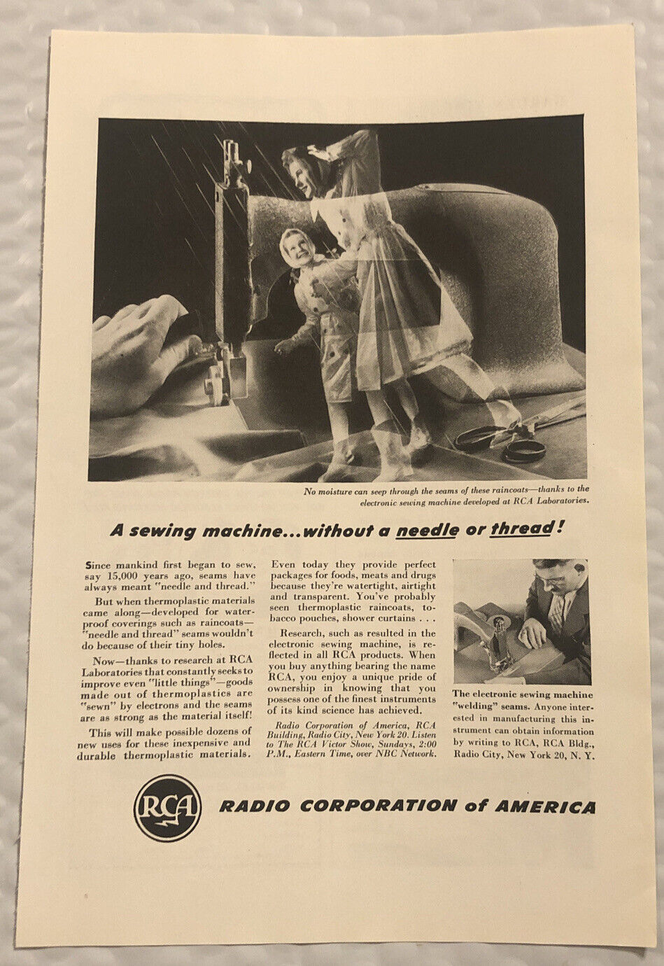Vintage 1947 RCA Original Print Ad Full Page - Without A Needle Or Thread
