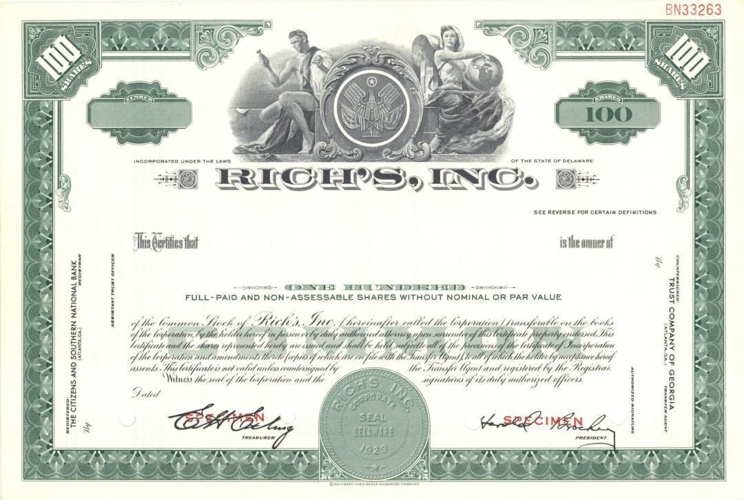 Rich's, Inc. - 1929 dated Specimen Stock Certificate - Specimen Stocks & Bonds
