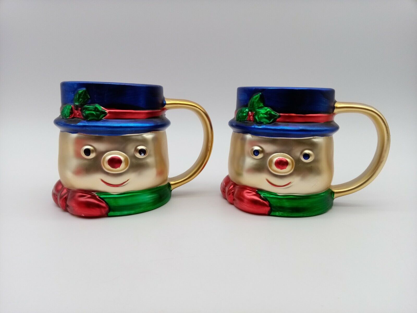 Vintage set of 2 Snowman Coffee Cocoa Mug Hand painted Ceramic Christmas Cups