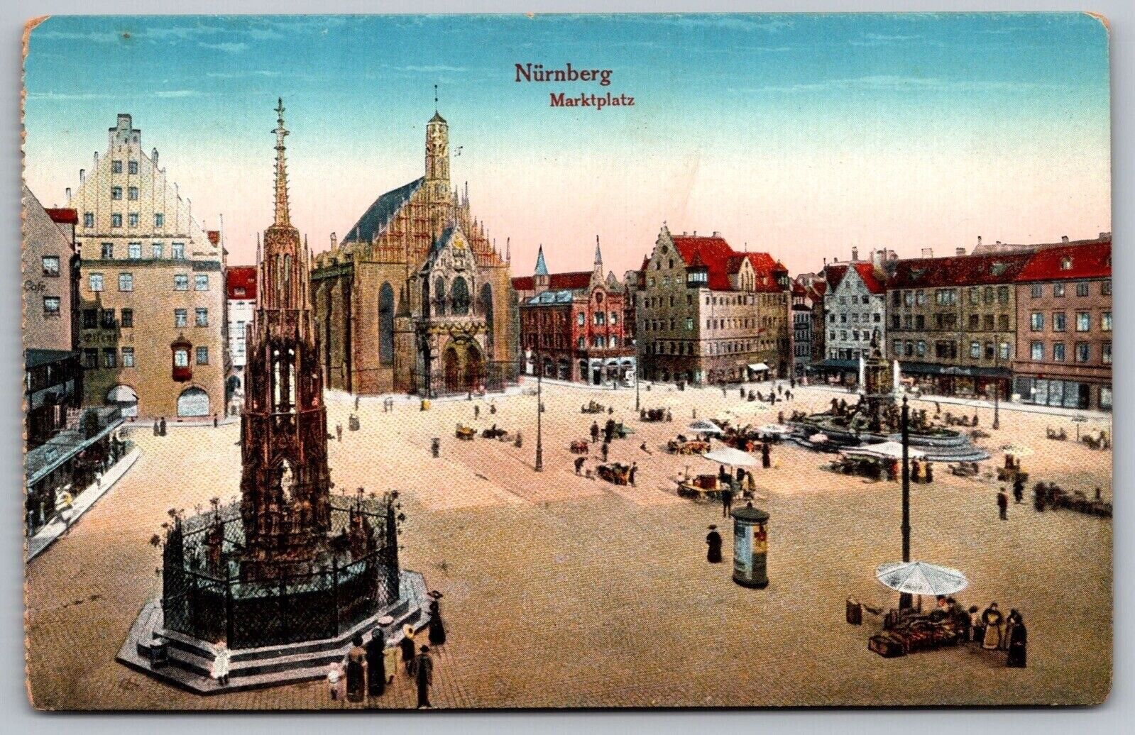 Germany Nurnberg Birds Eye View Market Place Monument Statue Vintage Postcard